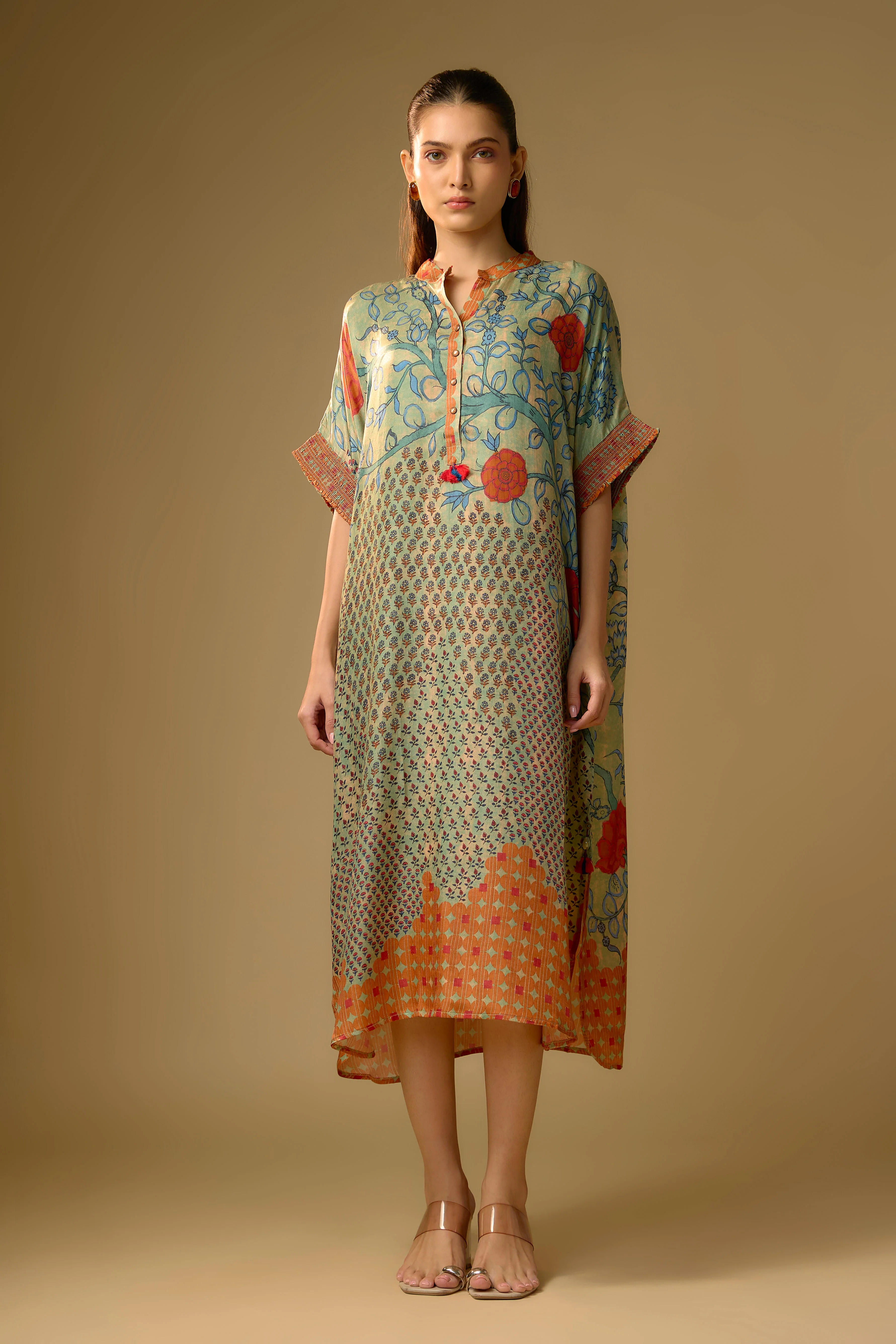 Pista Green Printed Slub Cotton Silk Tunic Long Top
