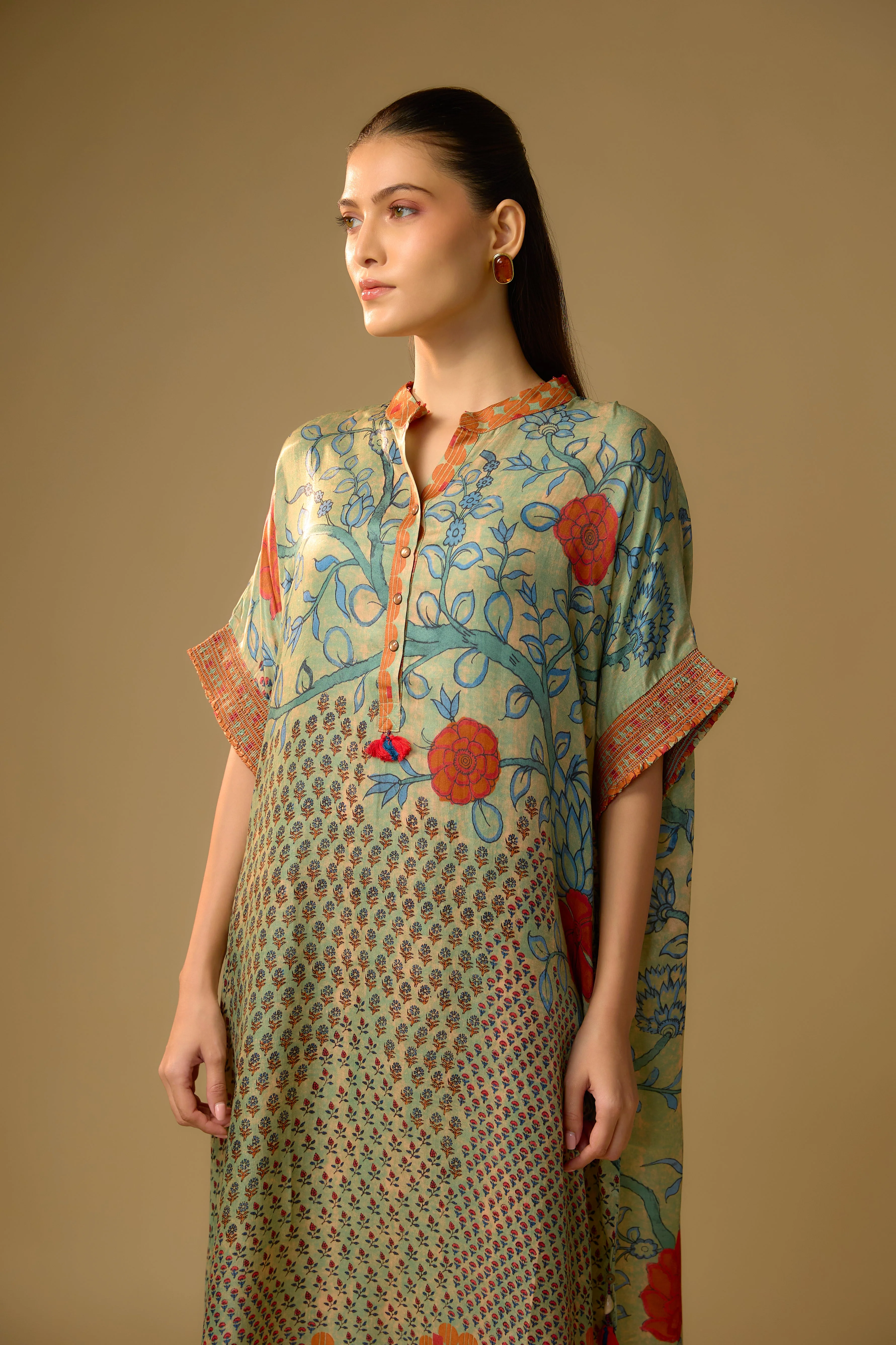 Pista Green Printed Slub Cotton Silk Tunic Long Top - Image 2