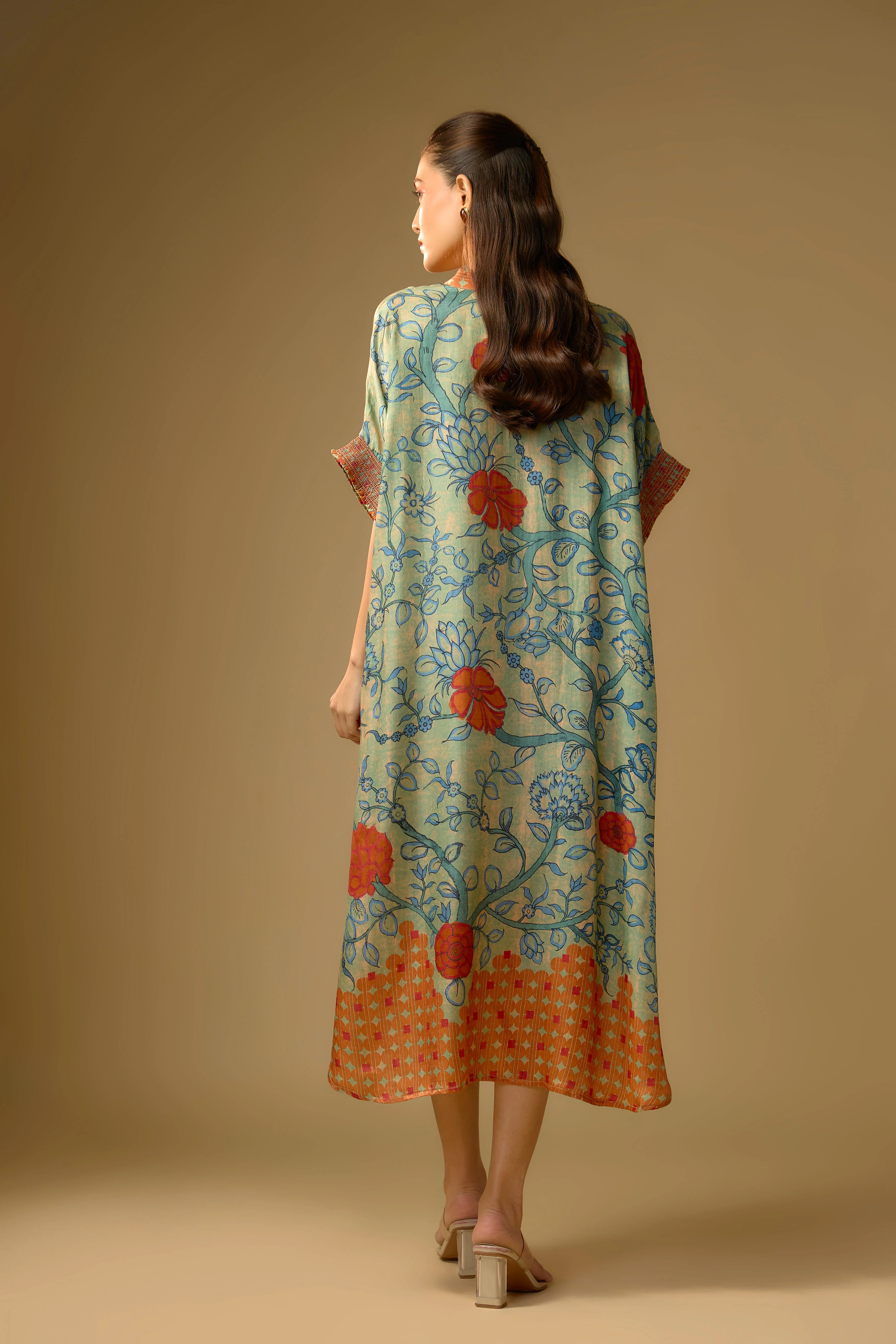 Pista Green Printed Slub Cotton Silk Tunic Long Top - Image 3