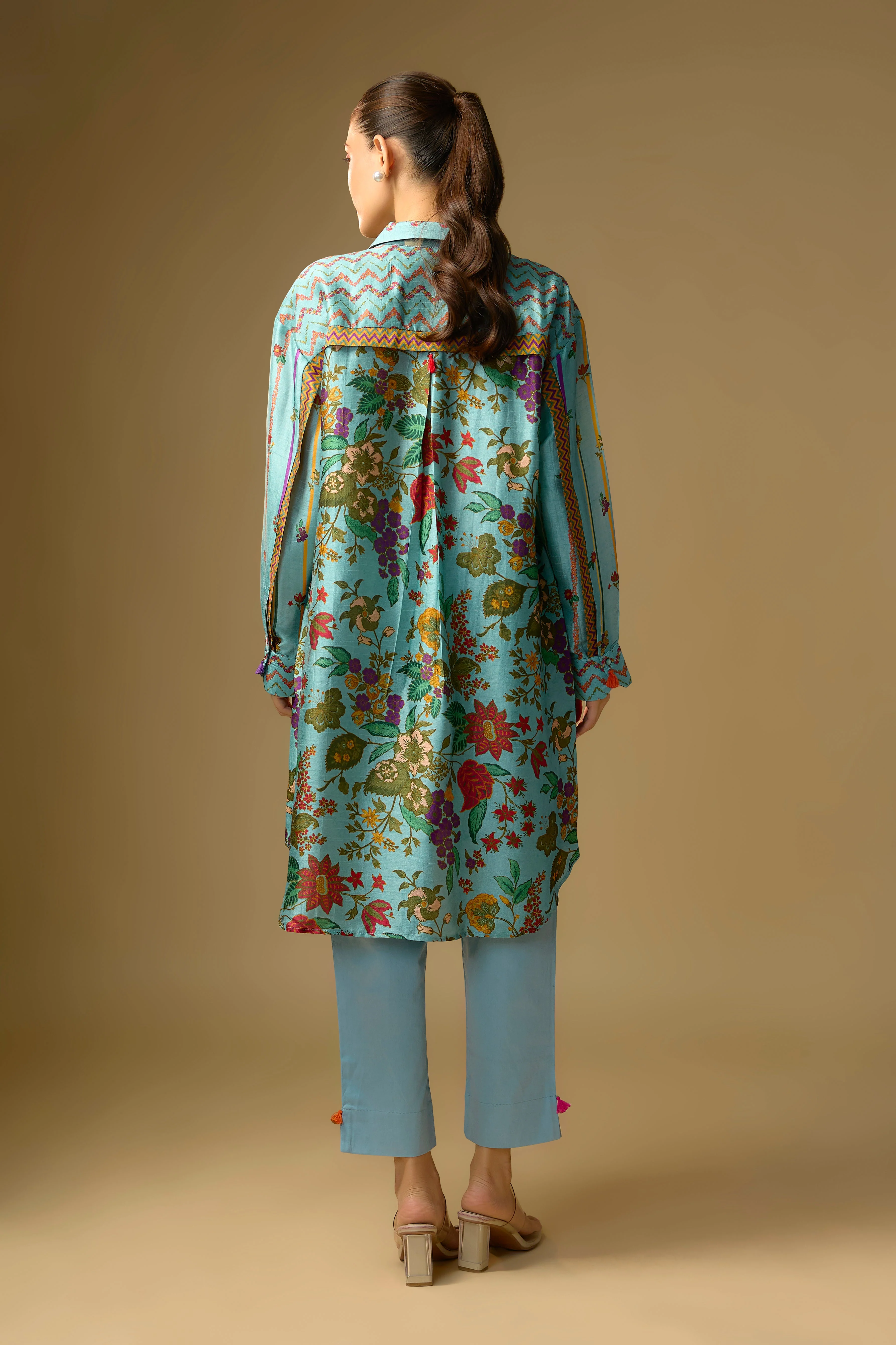 Sky Blue Printed Slub Cotton Silk Tunic Top - Image 3