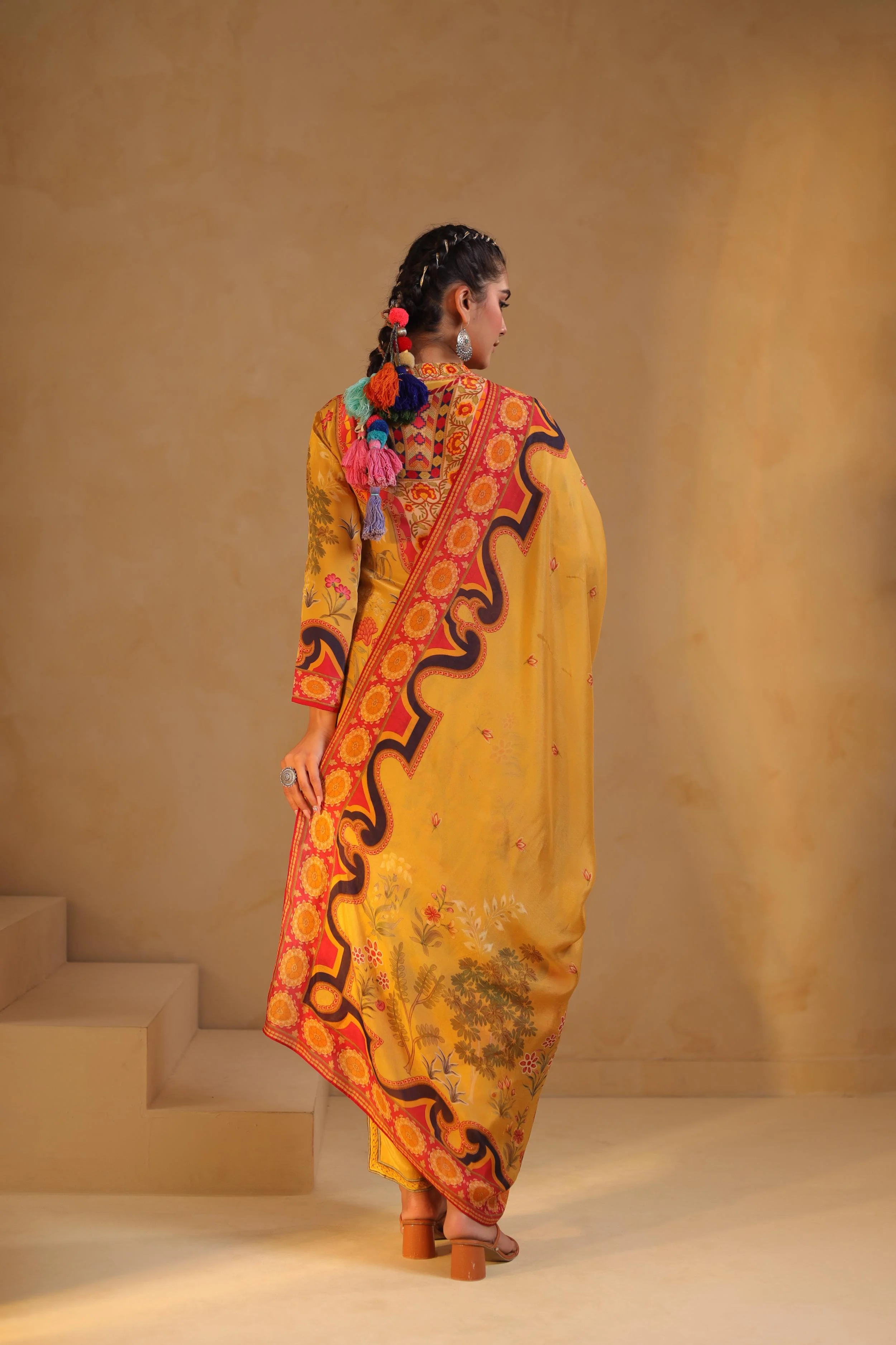 Mustard Yellow Printed Viscose Crepe Pant Set - Image 5