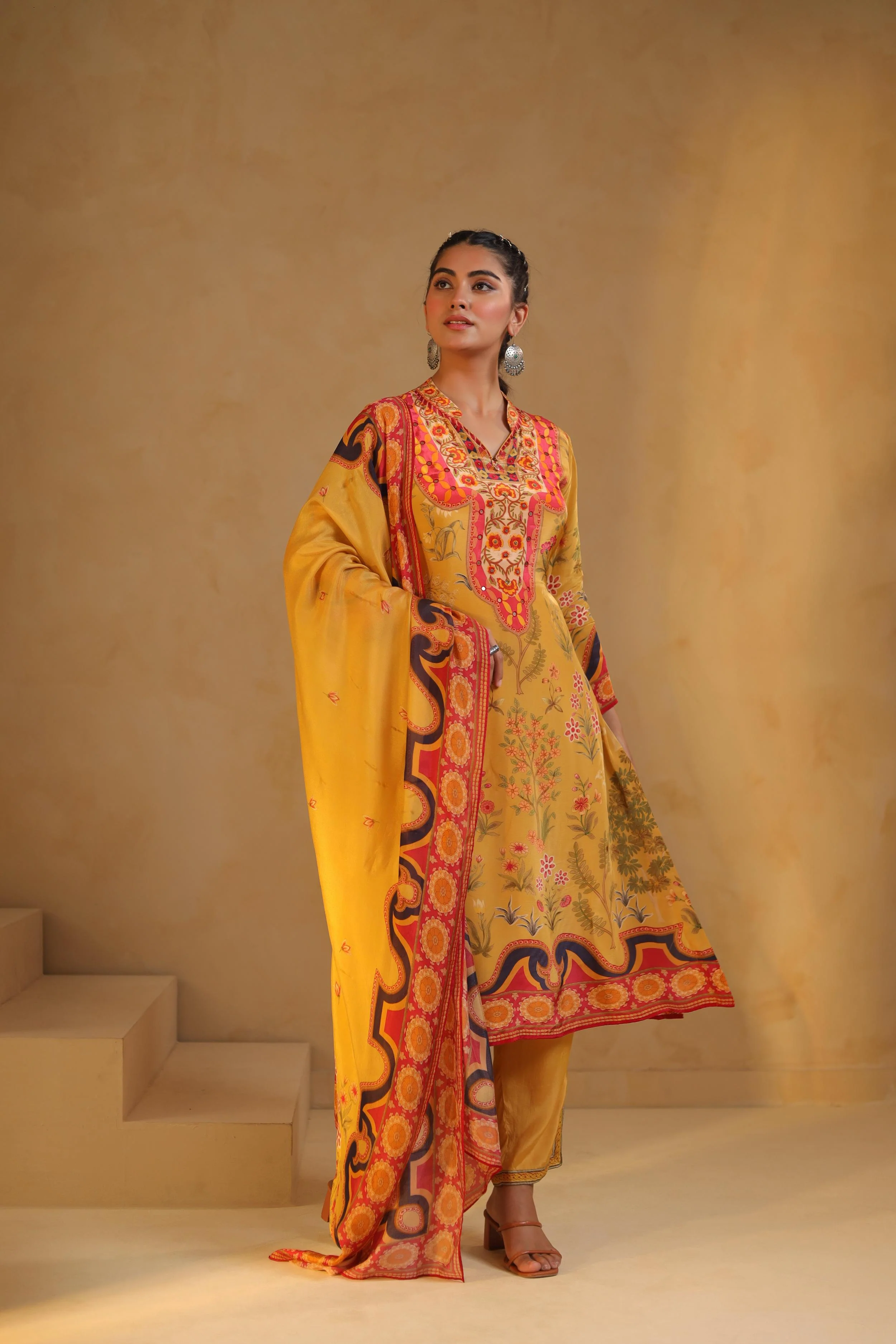 Mustard Yellow Printed Viscose Crepe Pant Set - Image 3