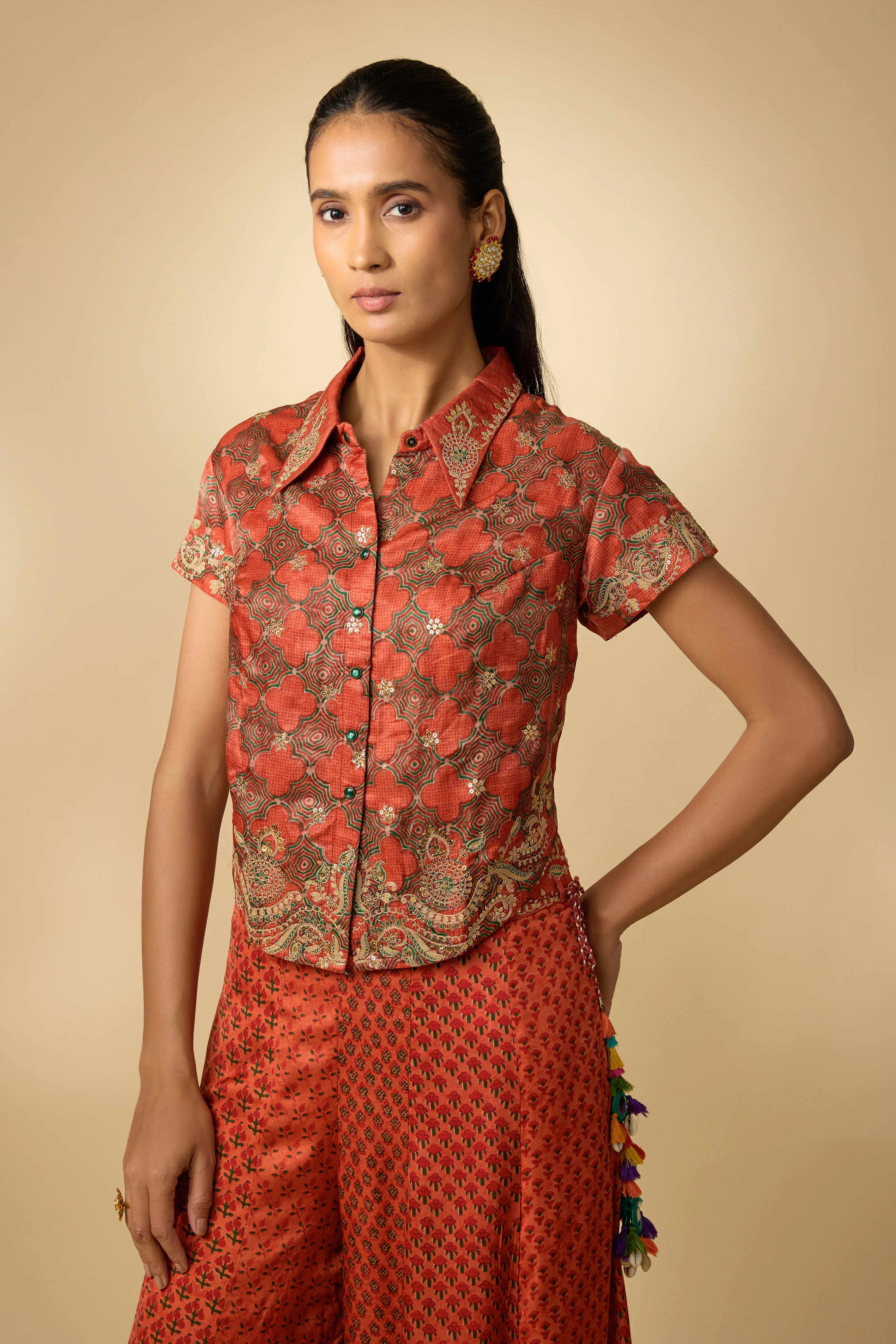 Orange Printed Slub Cotton Silk Tunic Co-Ord Set - Image 2