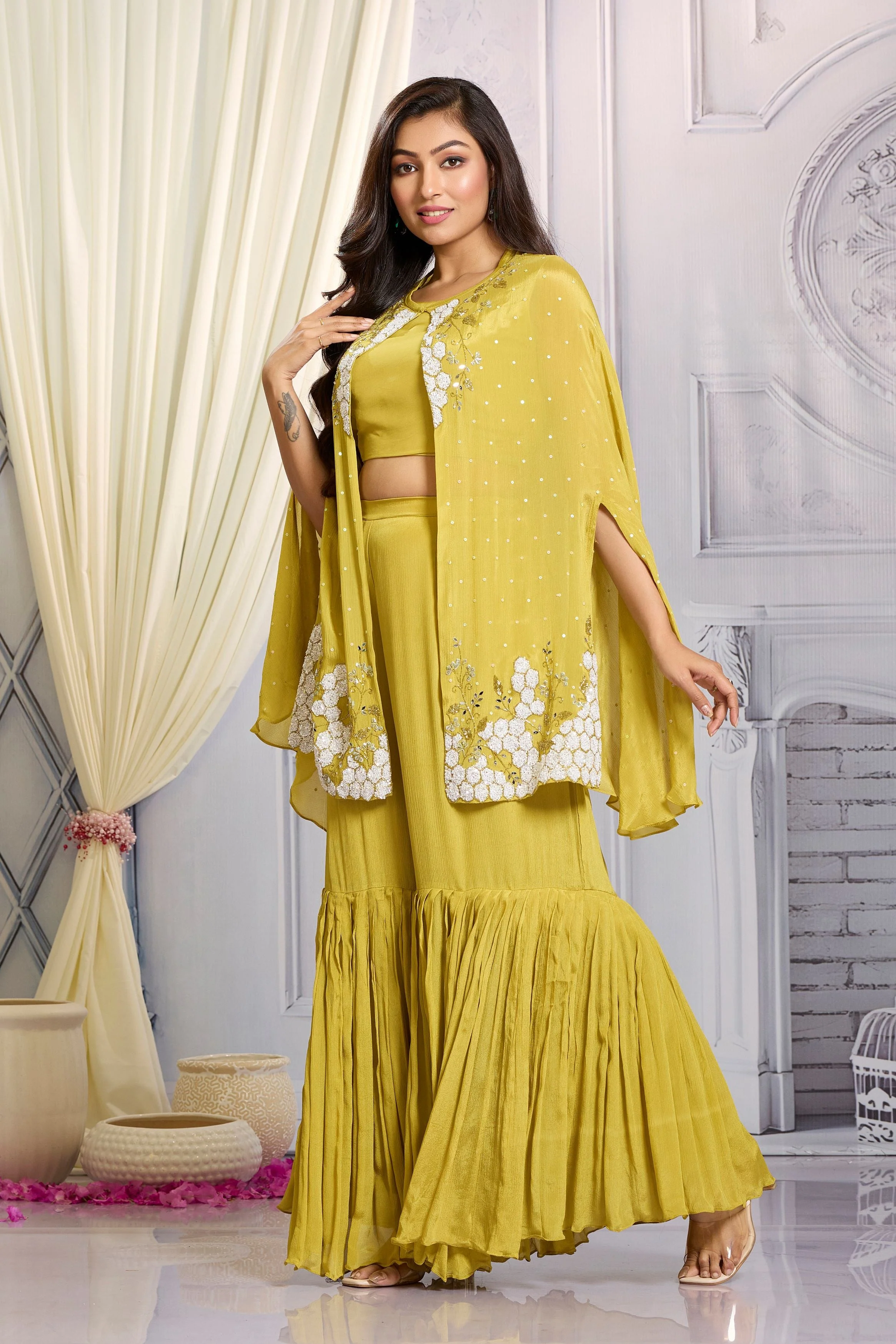 Mustard Embellished Chinon Silk Cape Set - Image 3