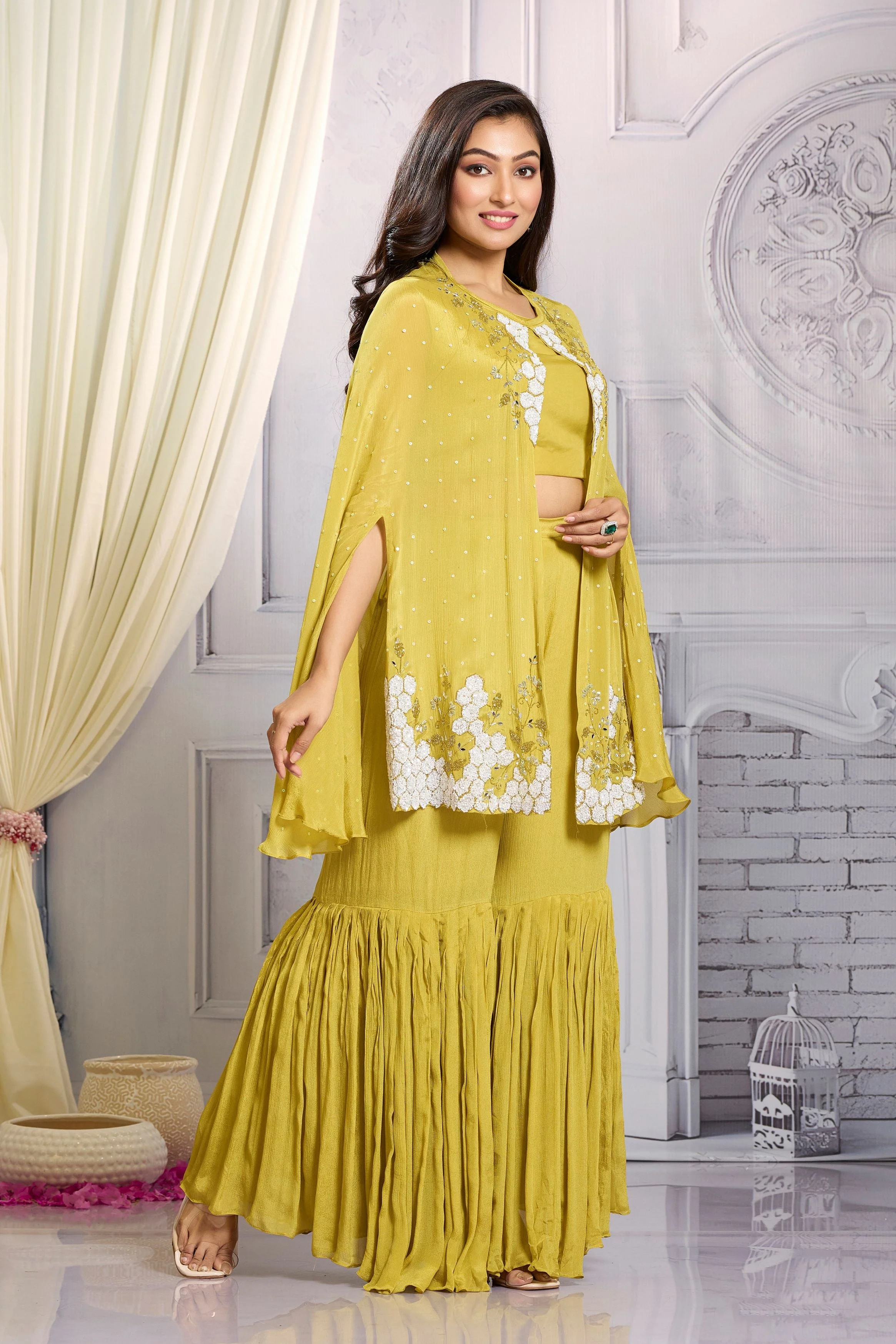 Mustard Embellished Chinon Silk Cape Set - Image 4