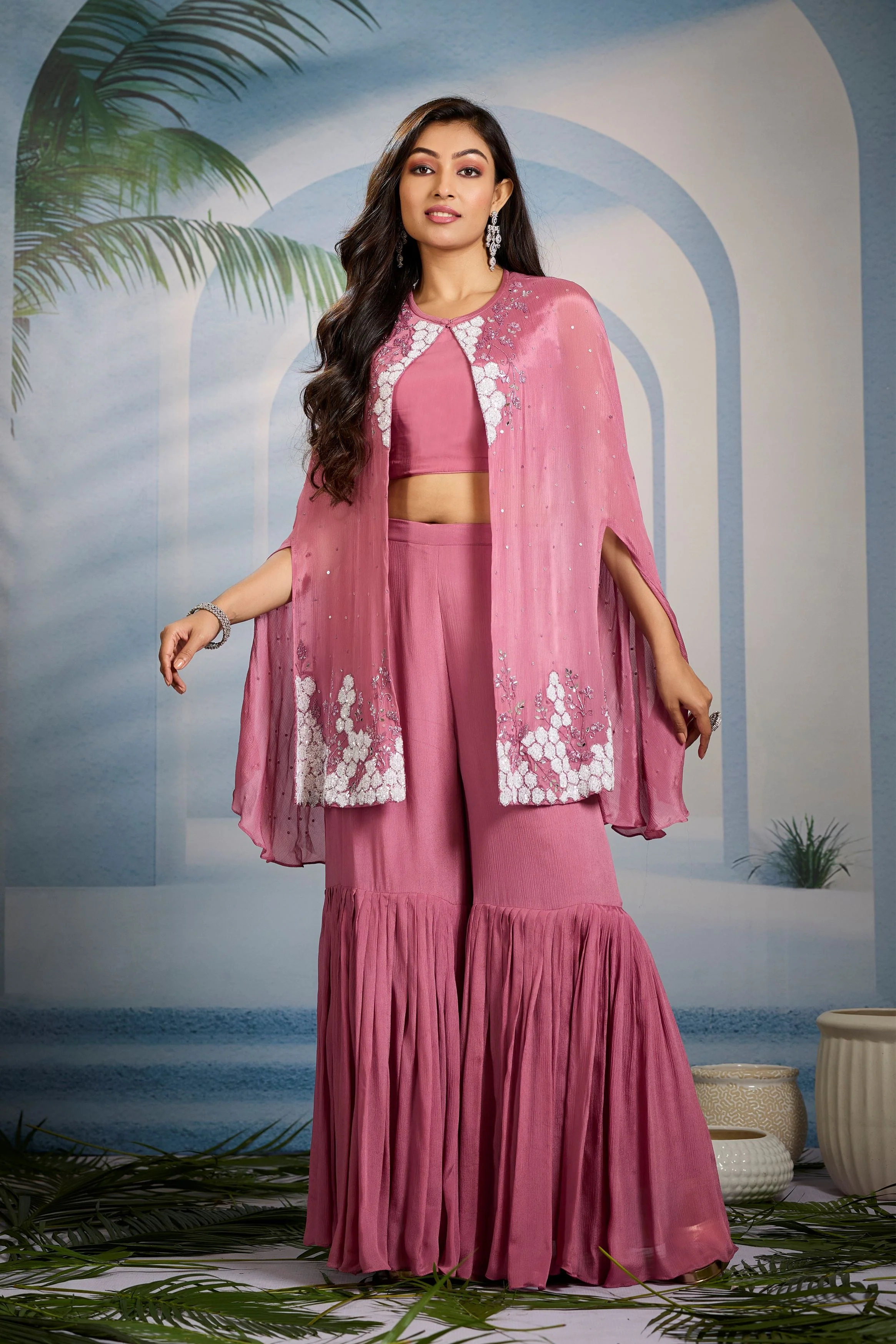 Pastel Pink Embellished Chinon Silk Cape Set - Image 3
