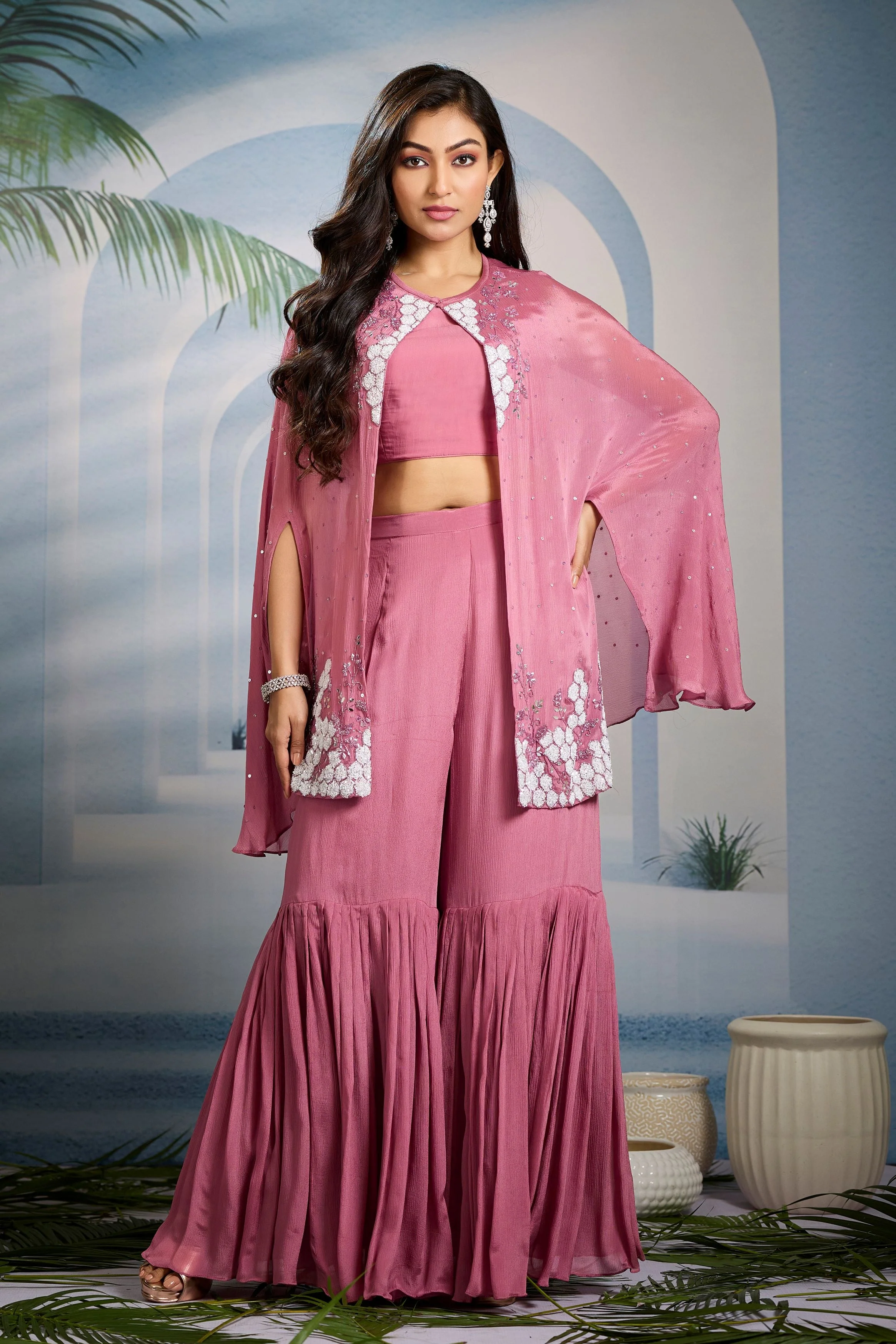 Pastel Pink Embellished Chinon Silk Cape Set - Image 4