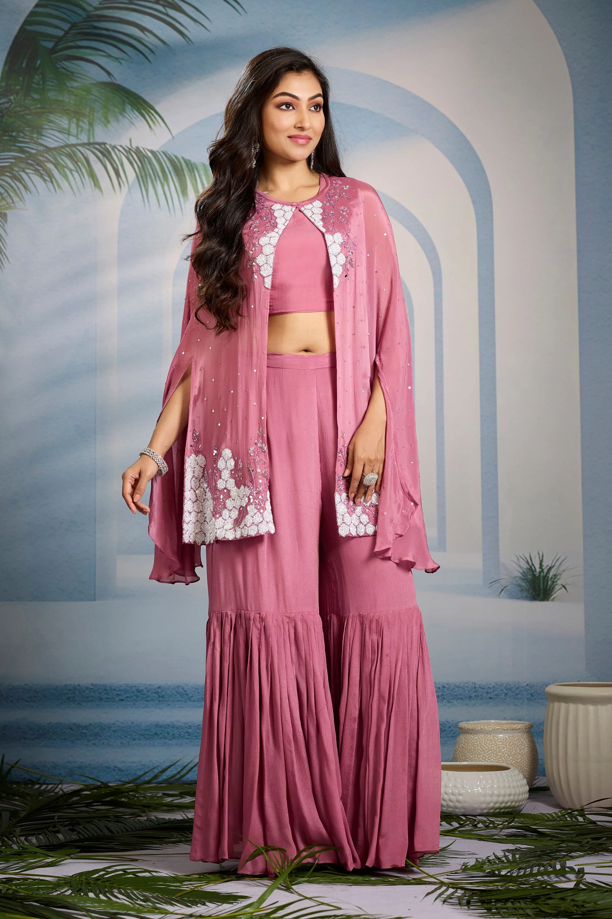 Pastel Pink Embellished Chinon Silk Cape Set - Image 5
