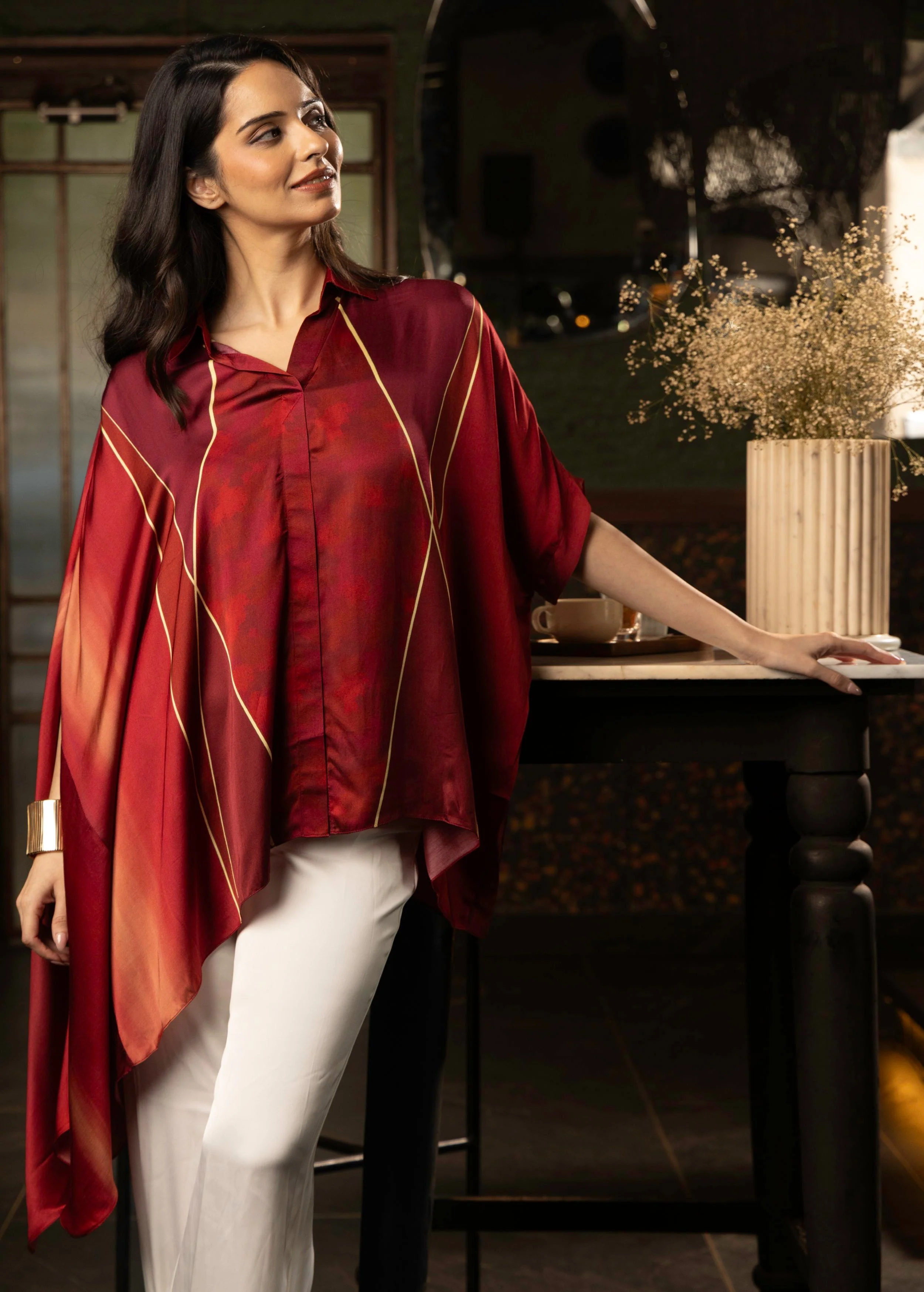 Wine Red Ombre Satin Silk Tunic Top - Image 3