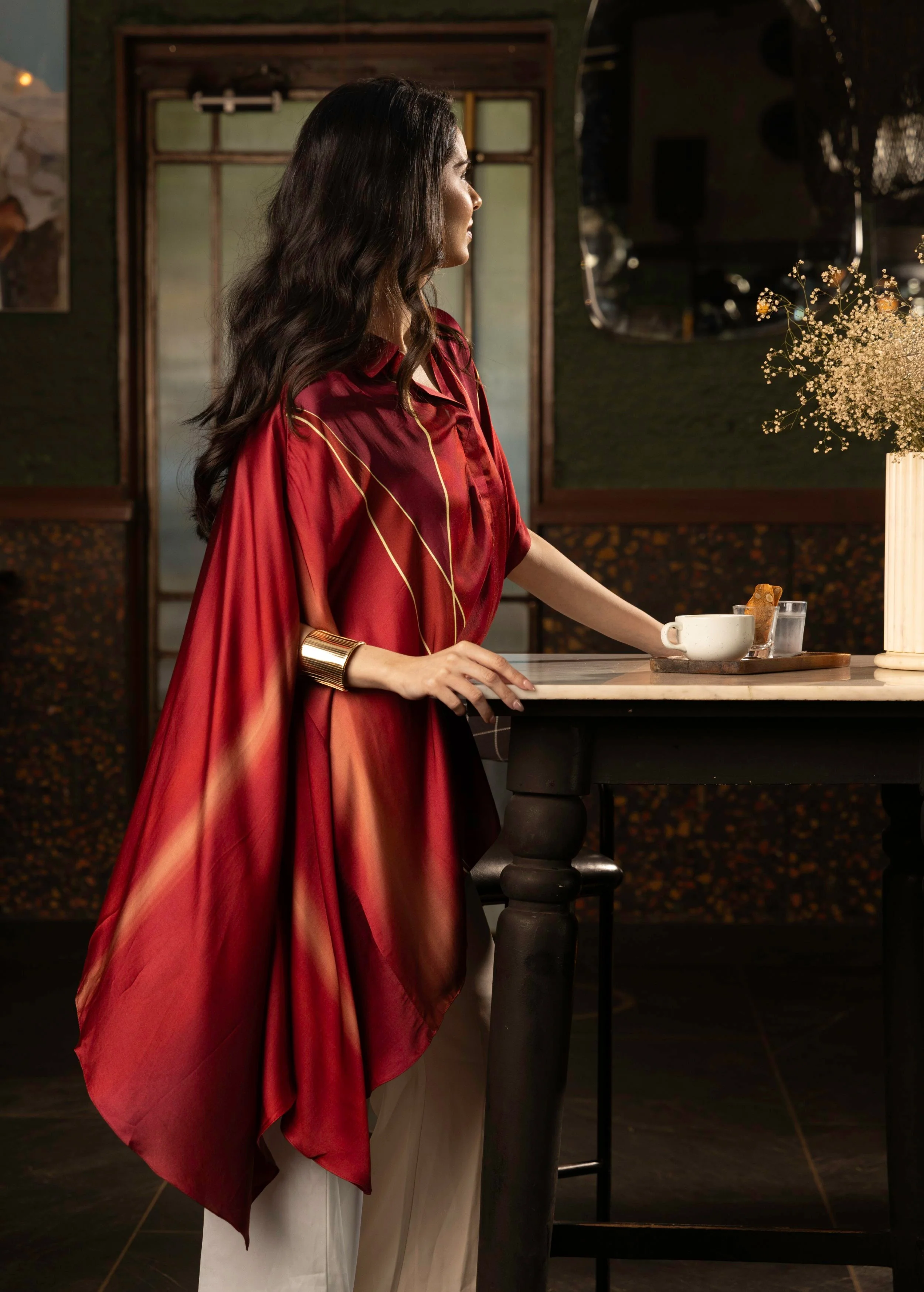 Wine Red Ombre Satin Silk Tunic Top - Image 4