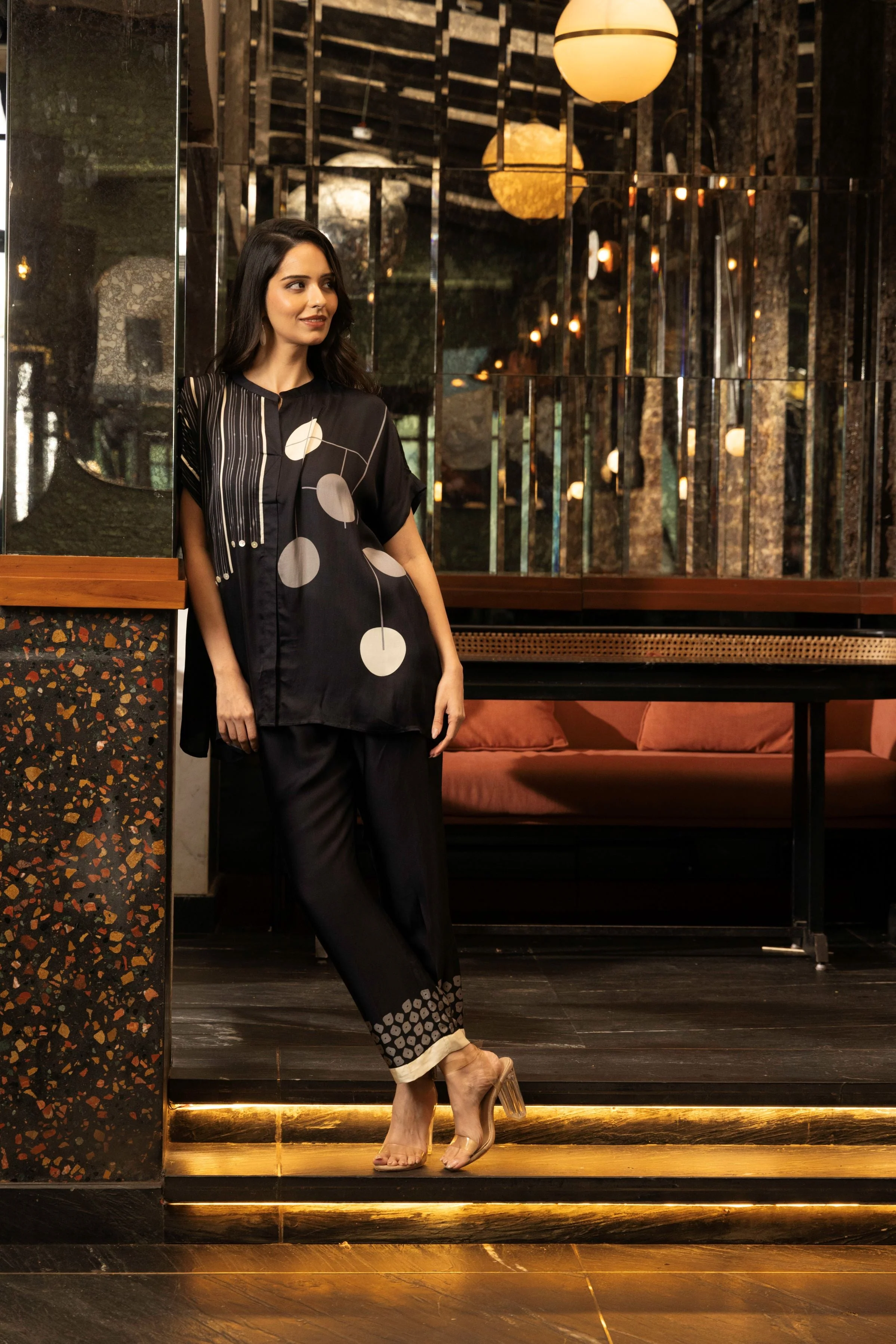 Classic Black Satin Silk Astract Print Co-Ord Set - Image 2