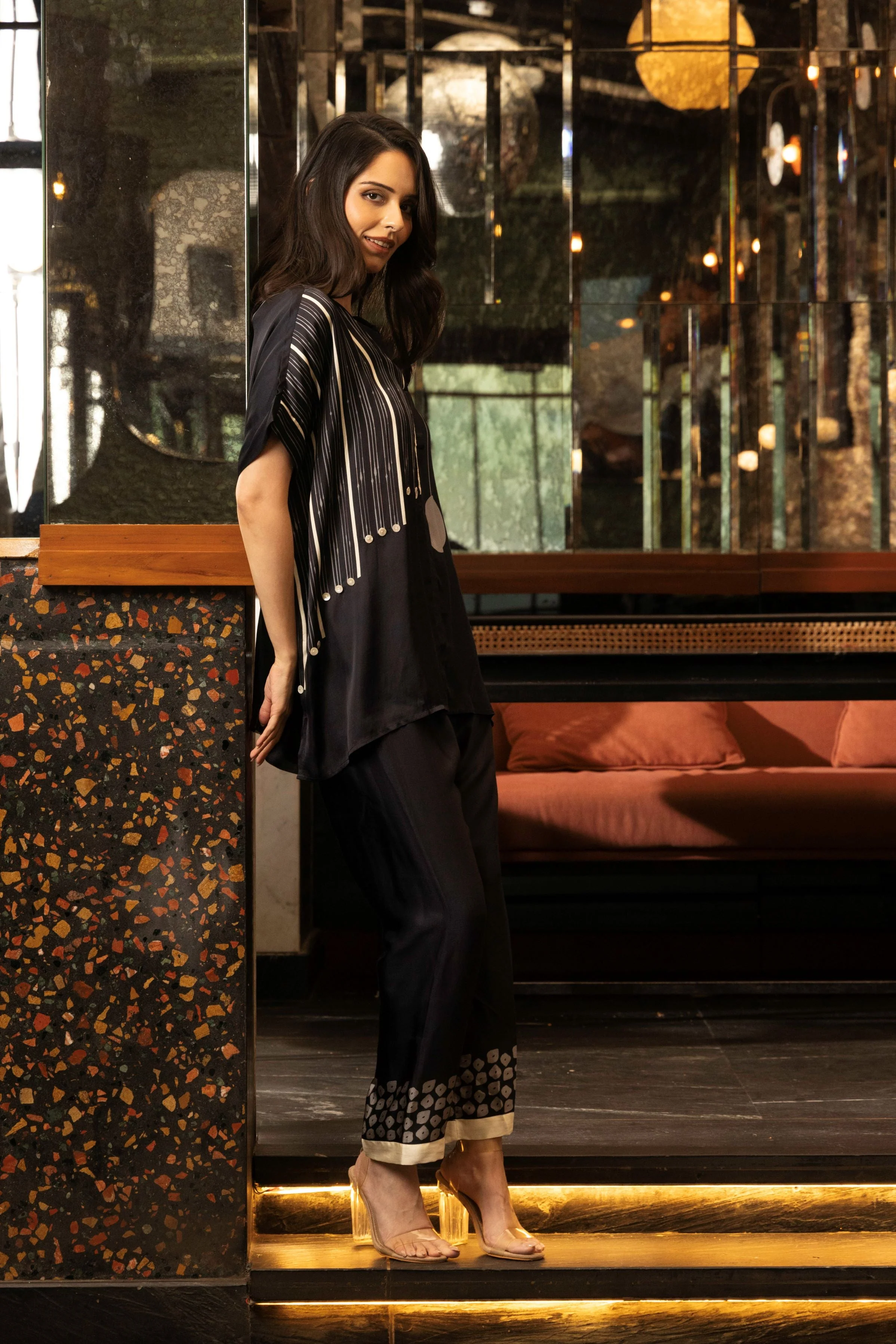 Classic Black Satin Silk Astract Print Co-Ord Set - Image 3