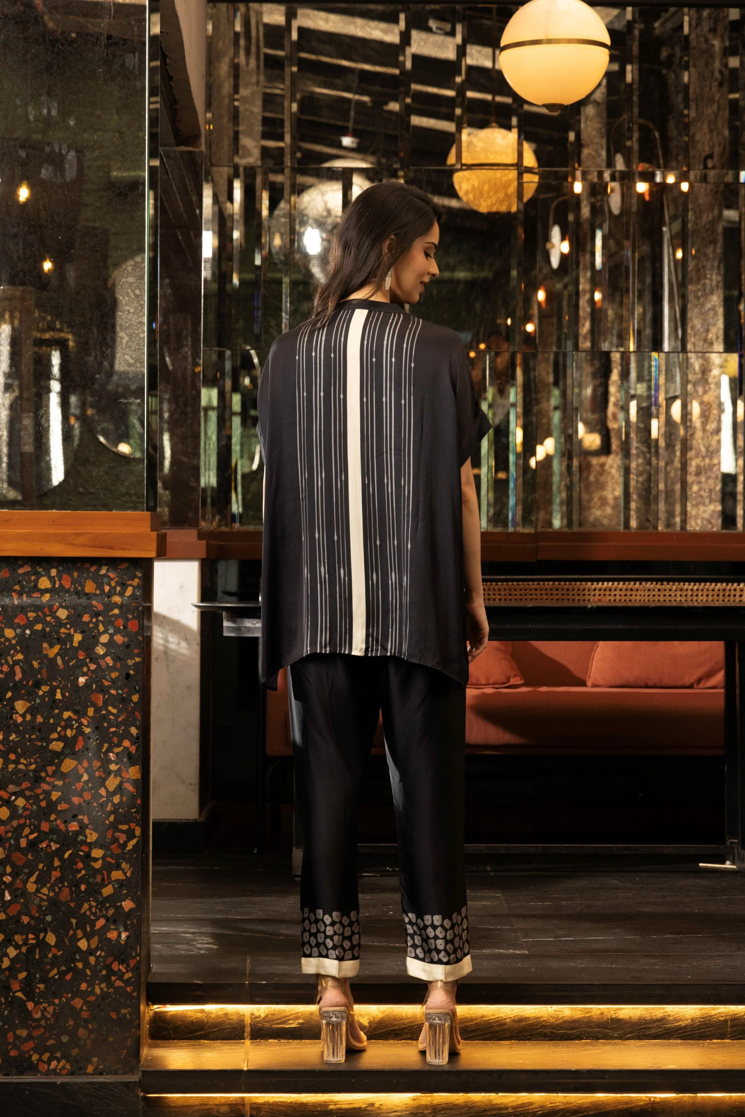 Classic Black Satin Silk Astract Print Co-Ord Set - Image 4