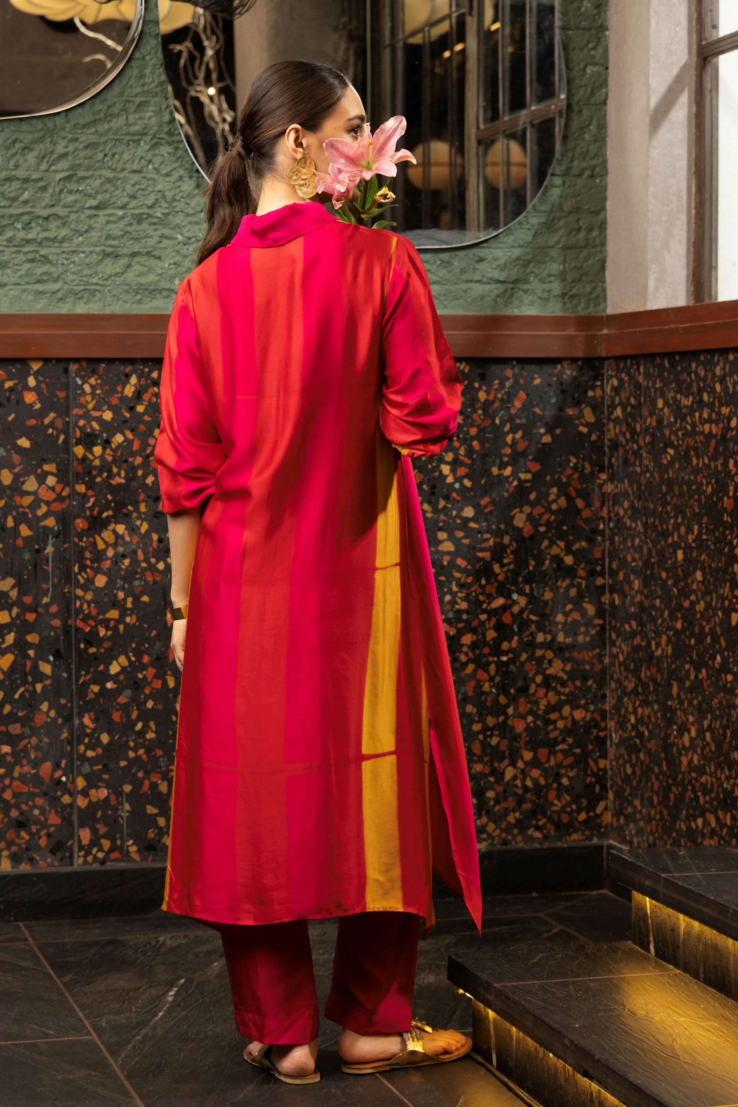 Magenta Pink Satin Silk Striped Kurta Set - Image 2