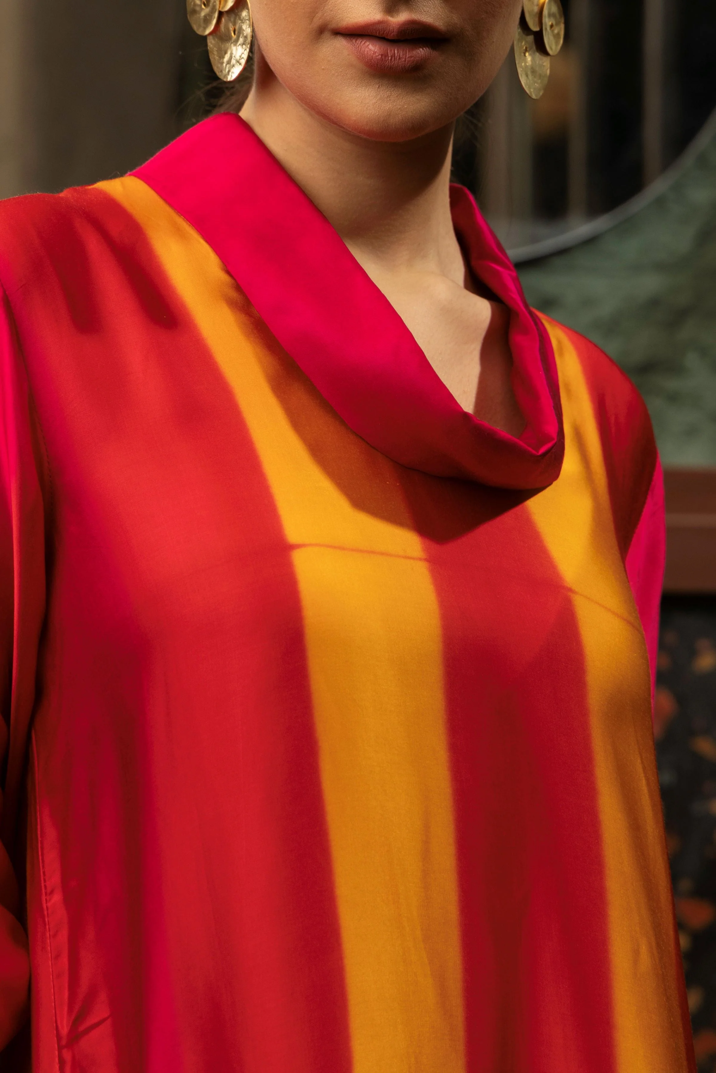 Magenta Pink Satin Silk Striped Kurta Set - Image 5