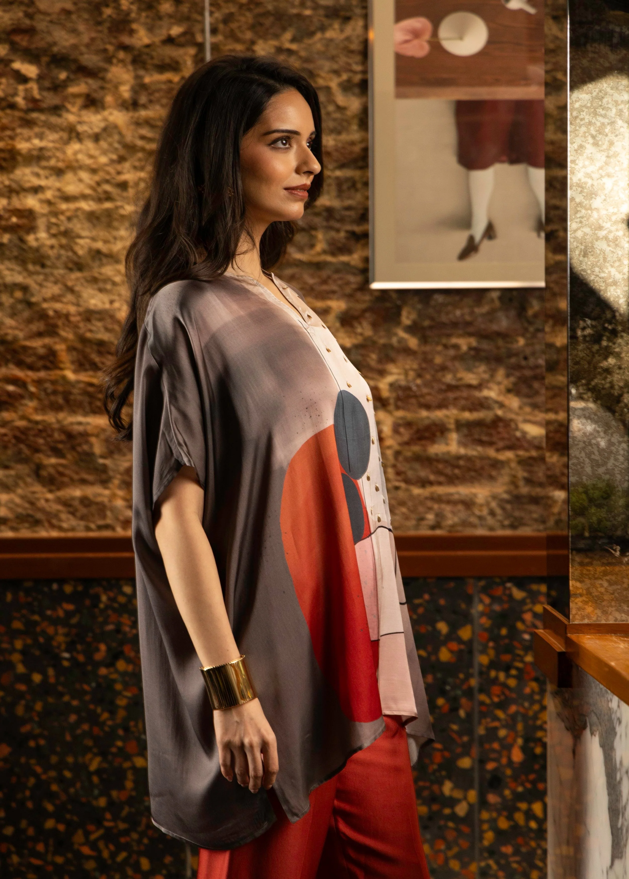 Maroon Abstract Print Satin Silk Kaftan Set - Image 2