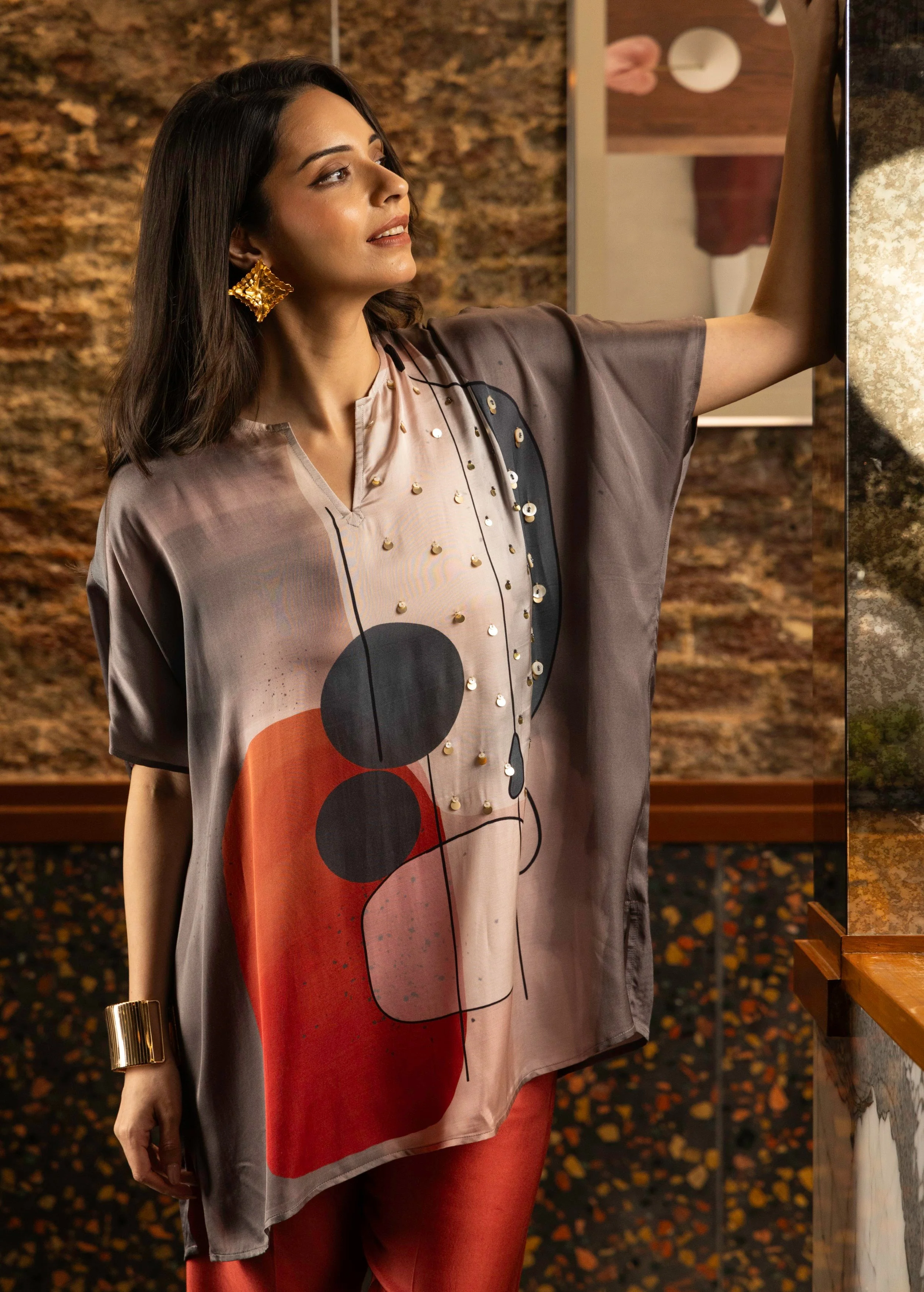 Maroon Abstract Print Satin Silk Kaftan Set - Image 3