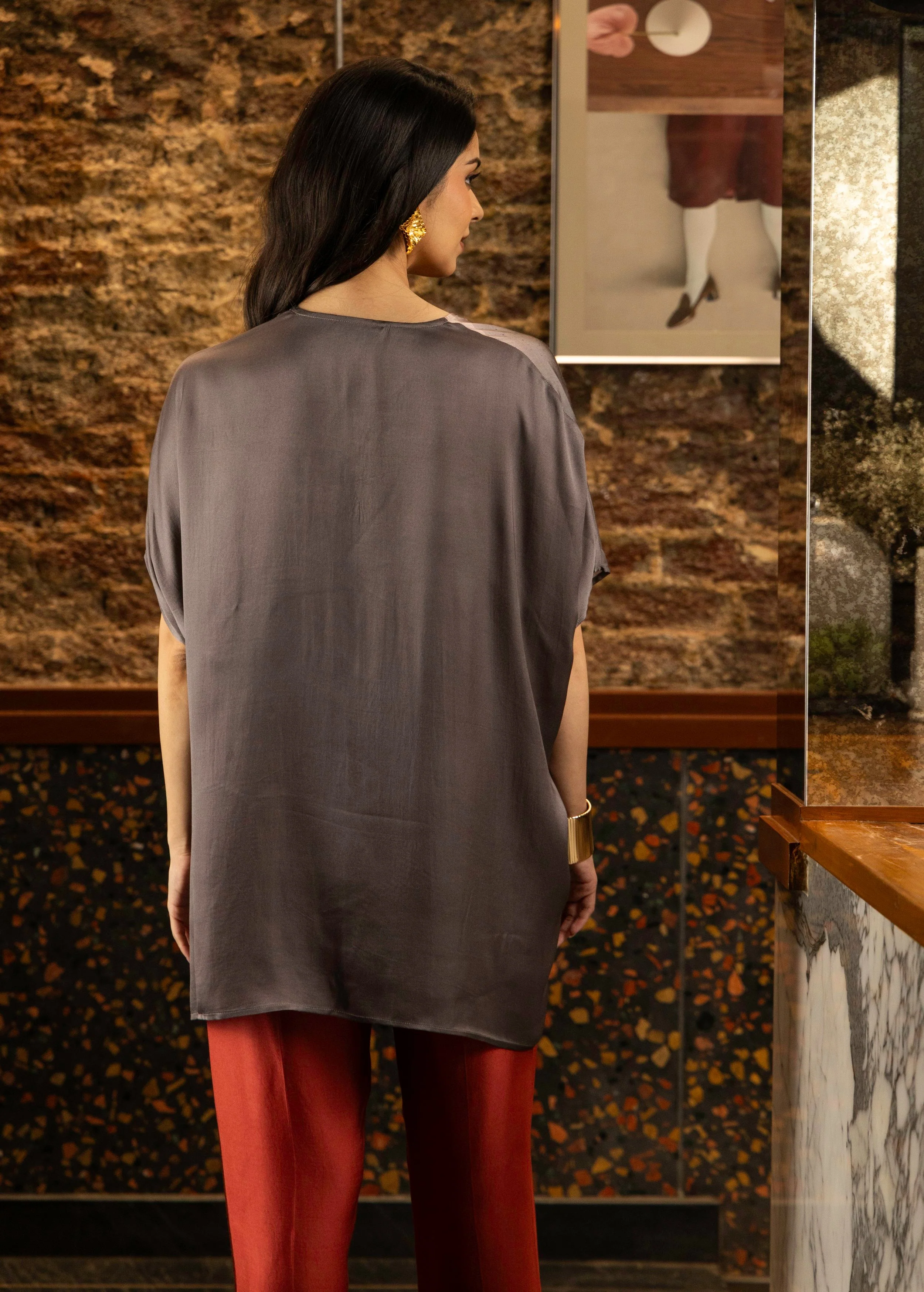 Maroon Abstract Print Satin Silk Kaftan Set - Image 4
