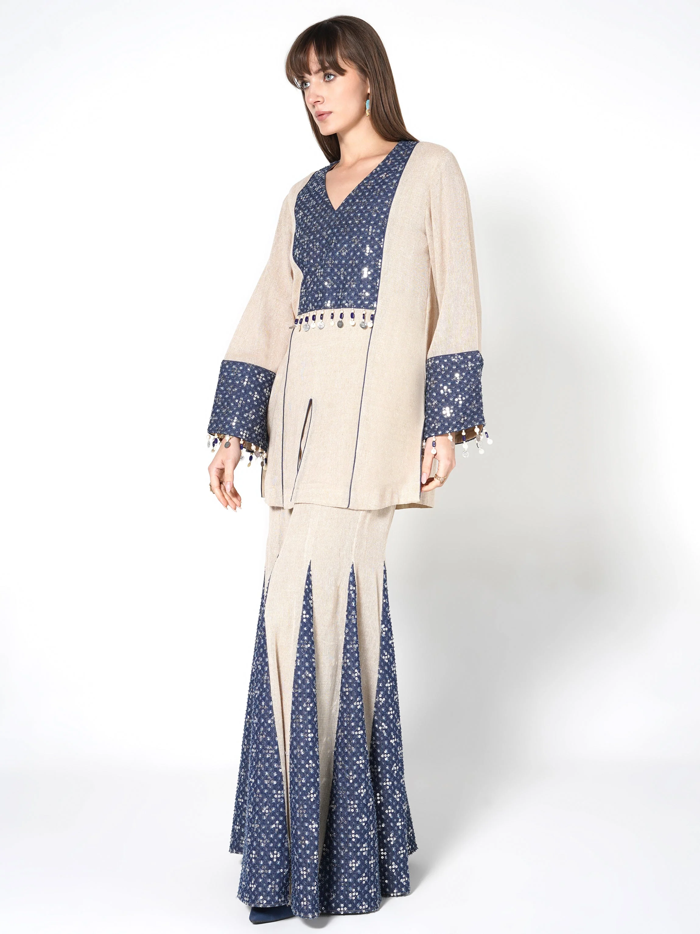 Natural Beige & Blue Flared Jute Co-ord Set - Image 3