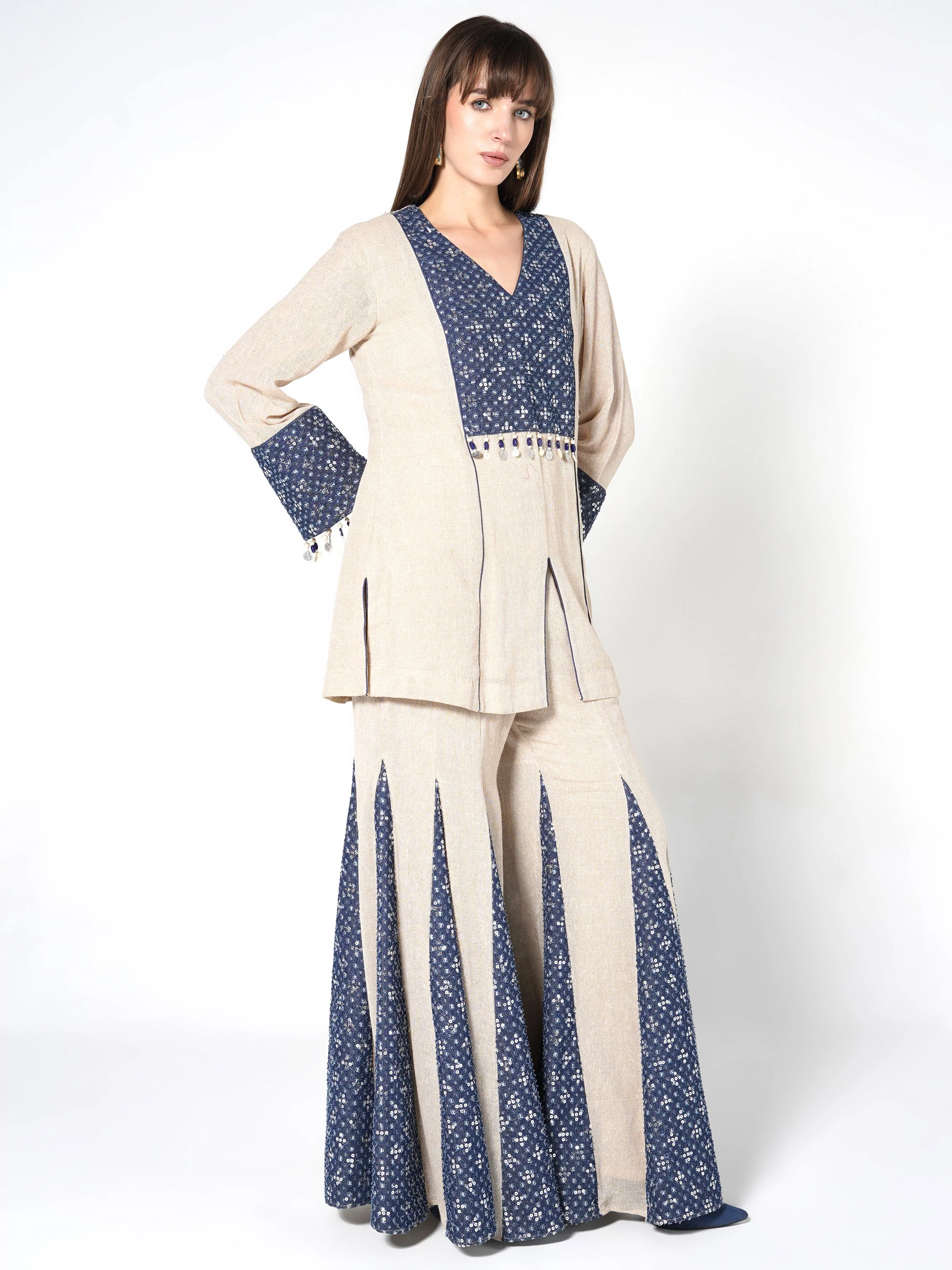 Natural Beige & Blue Flared Jute Co-ord Set - Image 4
