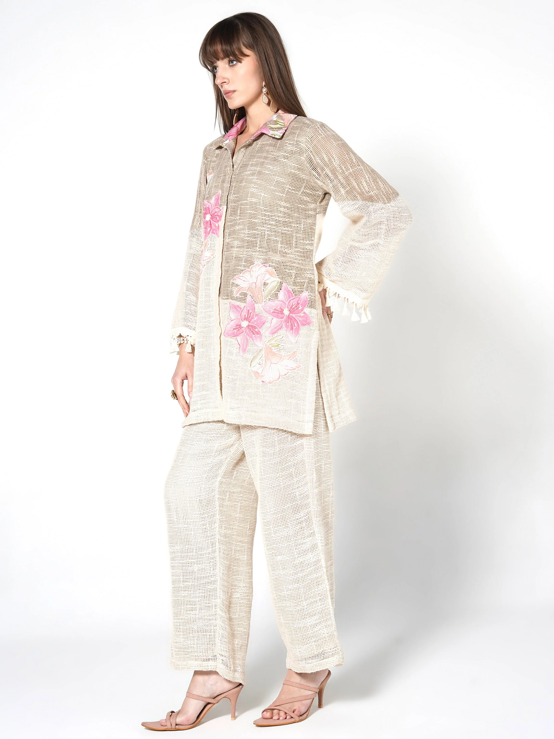 Natural Beige Embroidered Jute Co-ord Set - Image 3