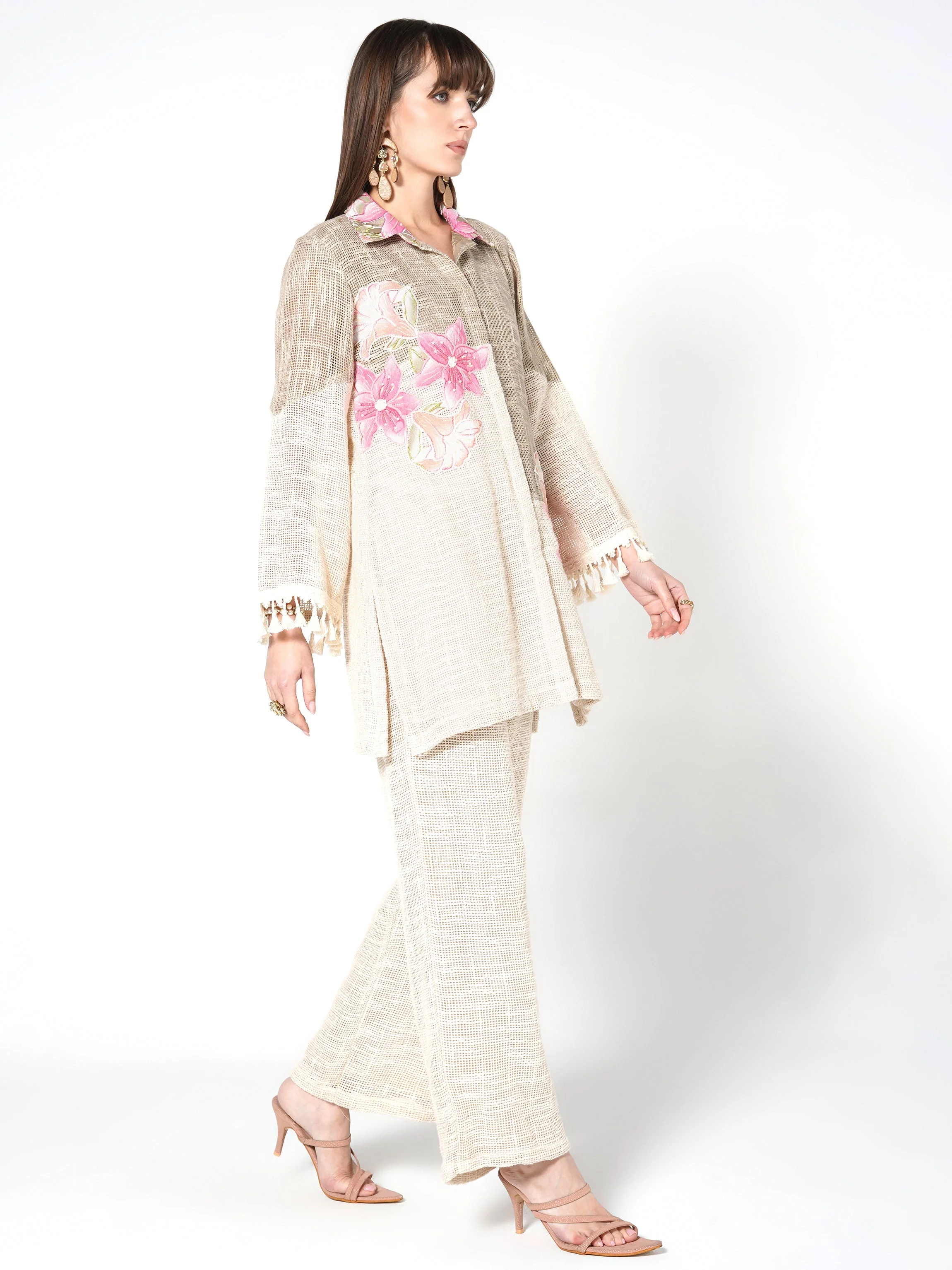 Natural Beige Embroidered Jute Co-ord Set - Image 4