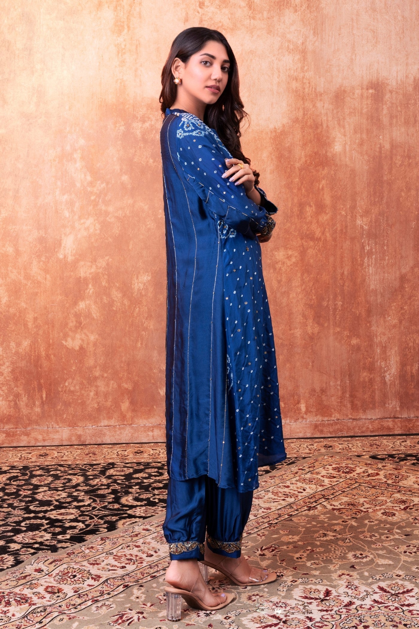 Navy Blue Bandhej Printed Embellished Kurta Set - Image 2