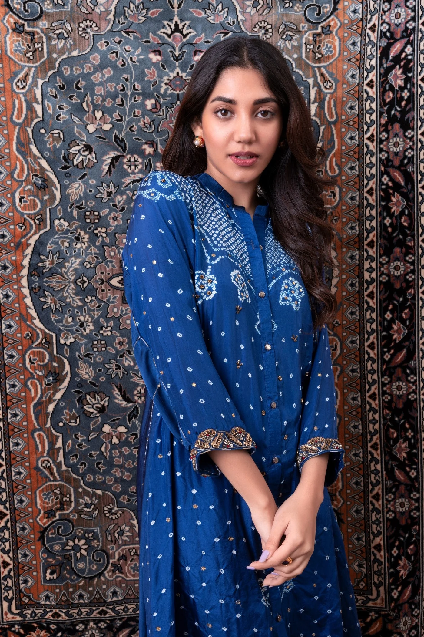 Navy Blue Bandhej Printed Embellished Kurta Set - Image 3