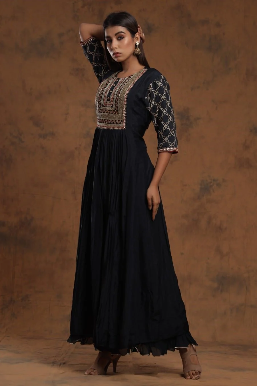 Navy Blue Chanderi Silk Kalidar Kurti With Embroidery - Image 4