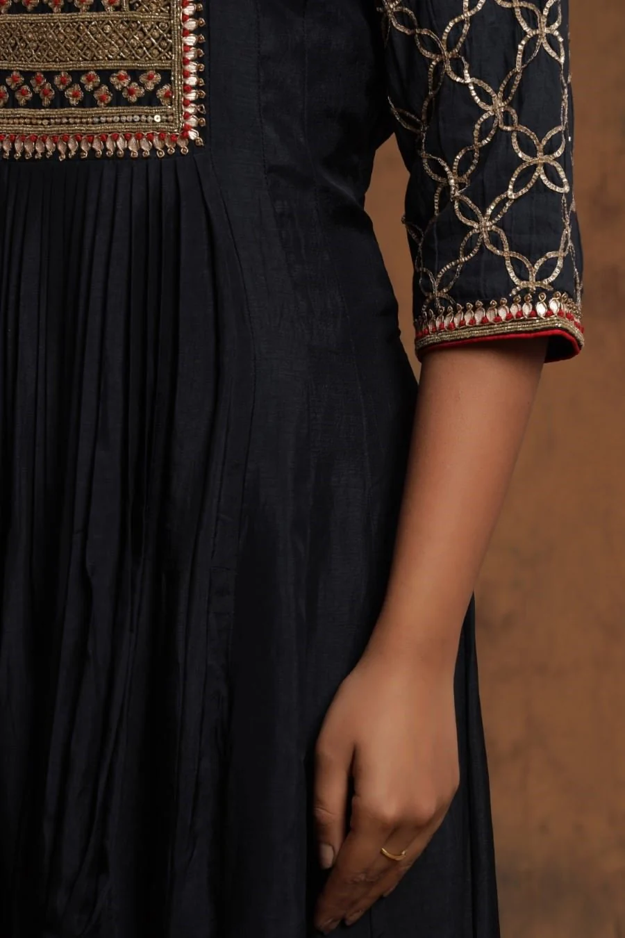 Navy Blue Chanderi Silk Kalidar Kurti With Embroidery - Image 8