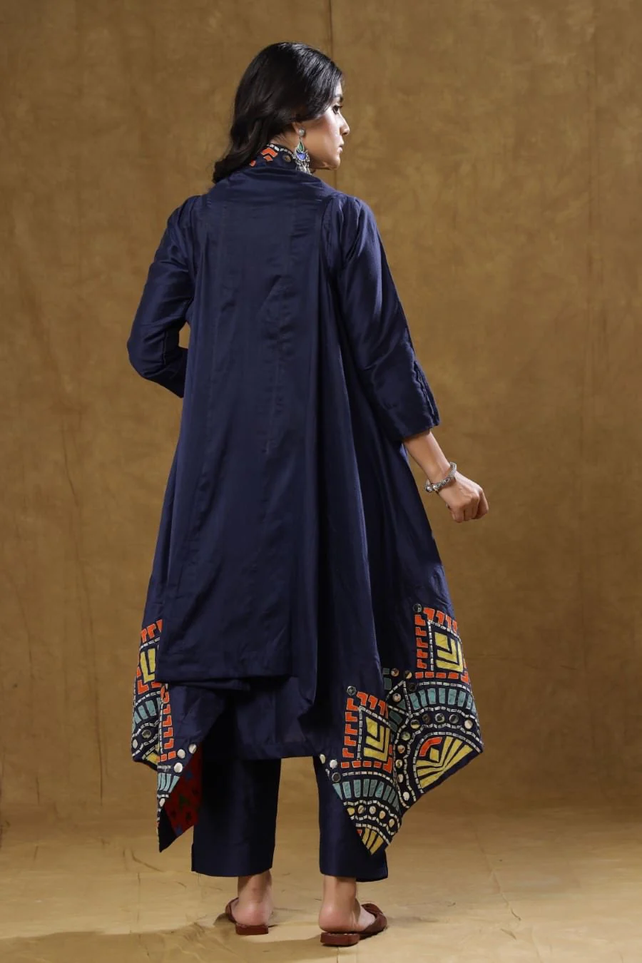 Navy Blue Dola Silk Kurta Pant And Jacket Set - Image 5