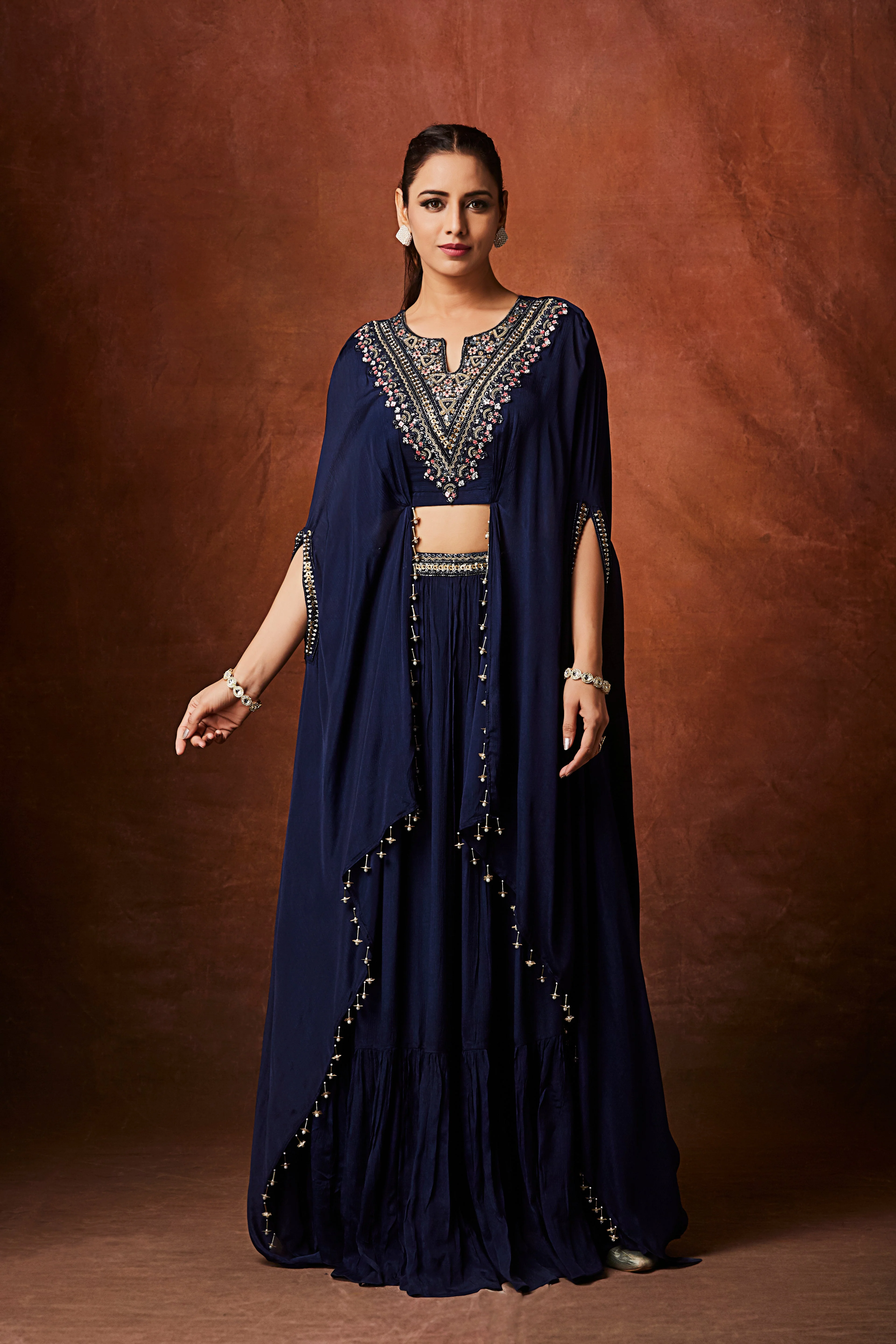 Navy Blue Embellished Chinon Silk Skirt Set