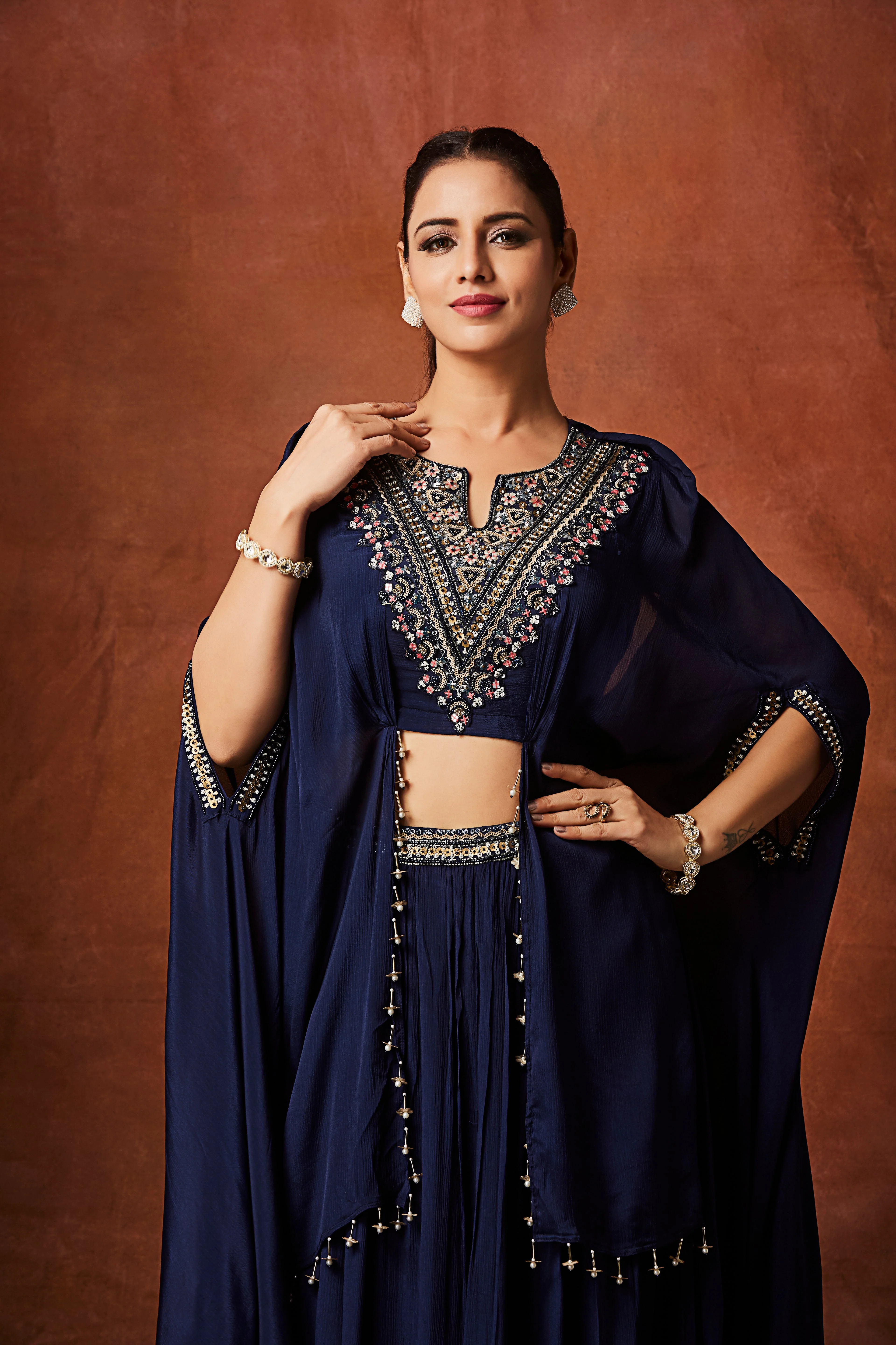Navy Blue Embellished Chinon Silk Skirt Set - Image 2
