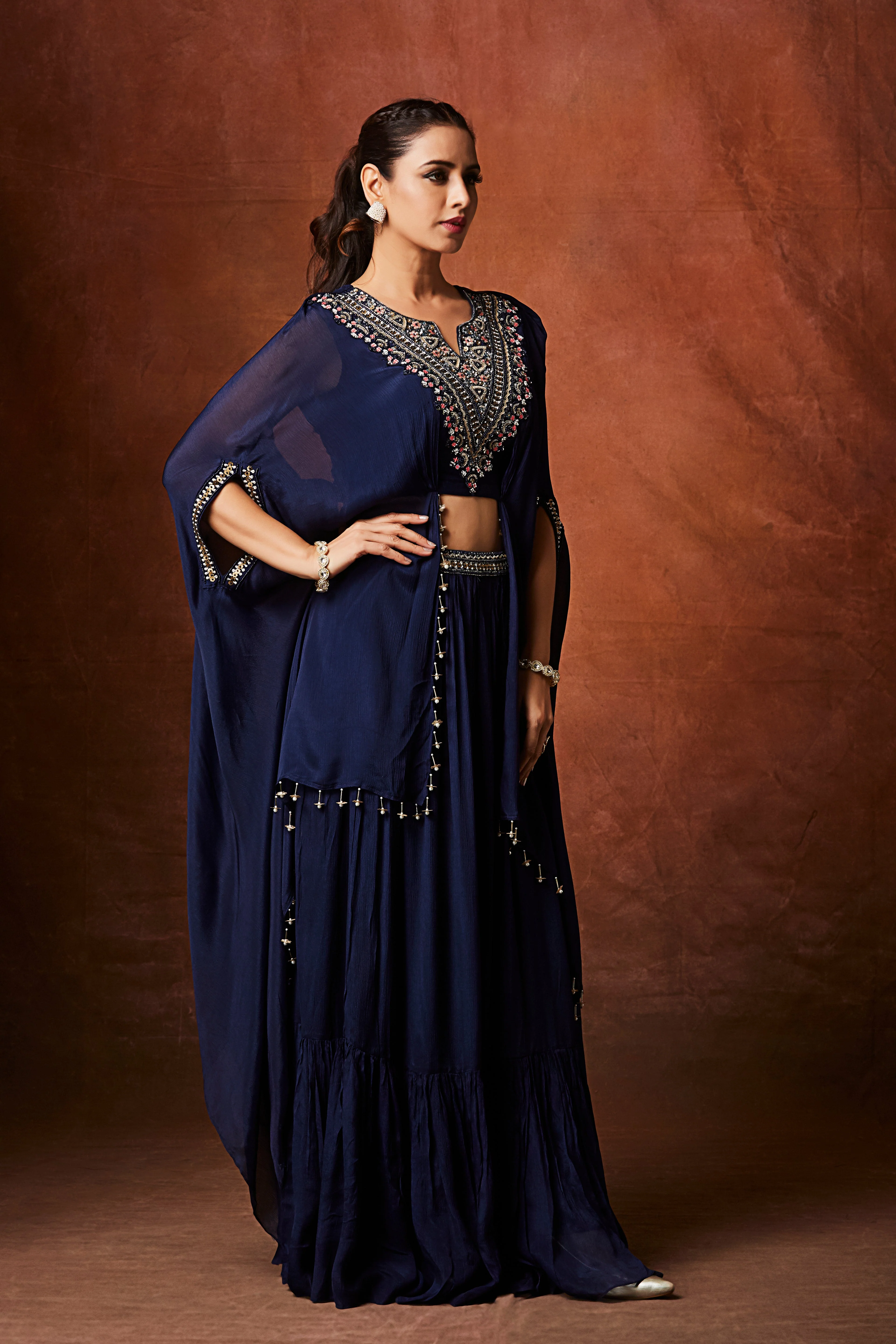 Navy Blue Embellished Chinon Silk Skirt Set - Image 3