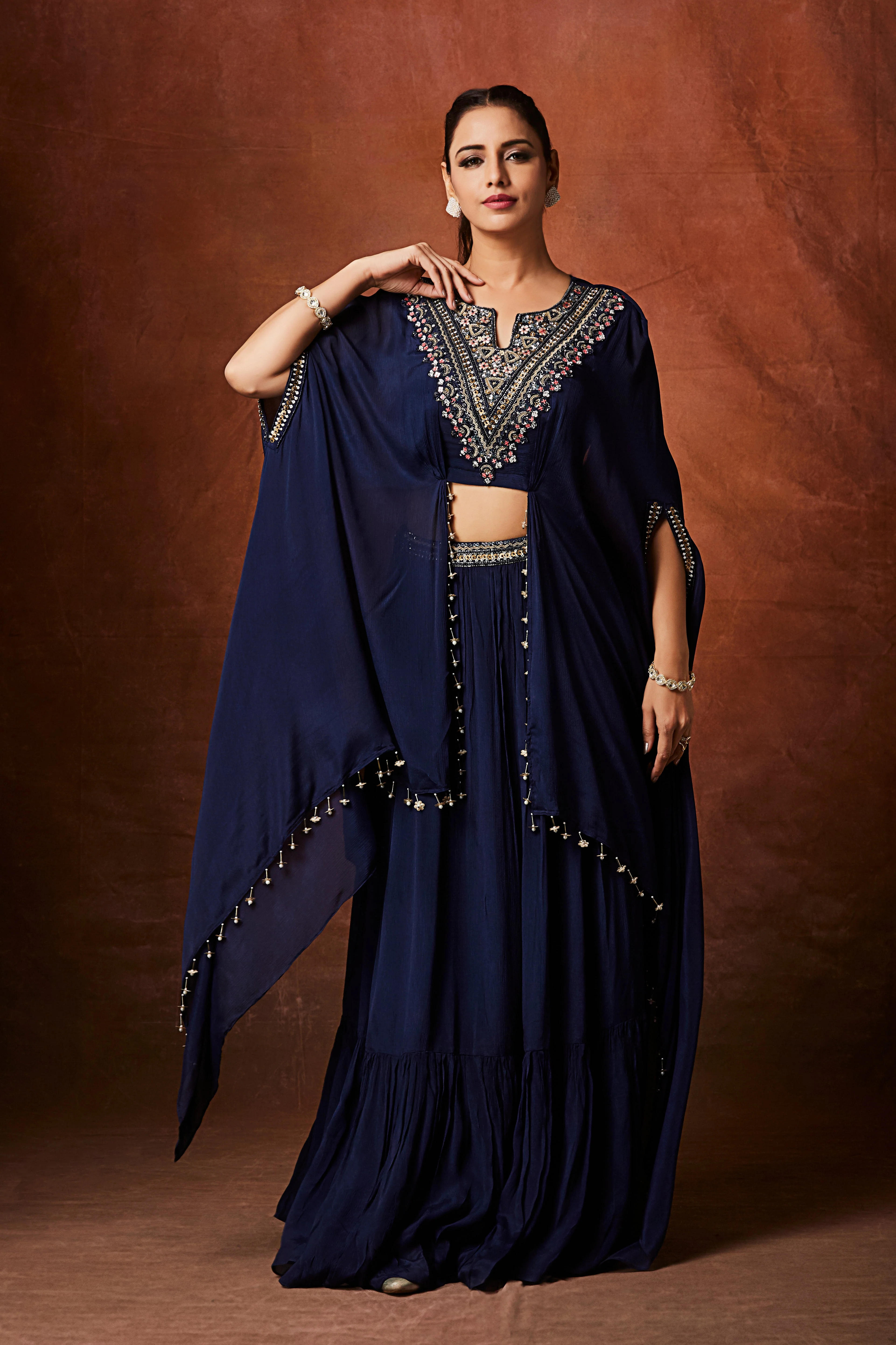 Navy Blue Embellished Chinon Silk Skirt Set - Image 4