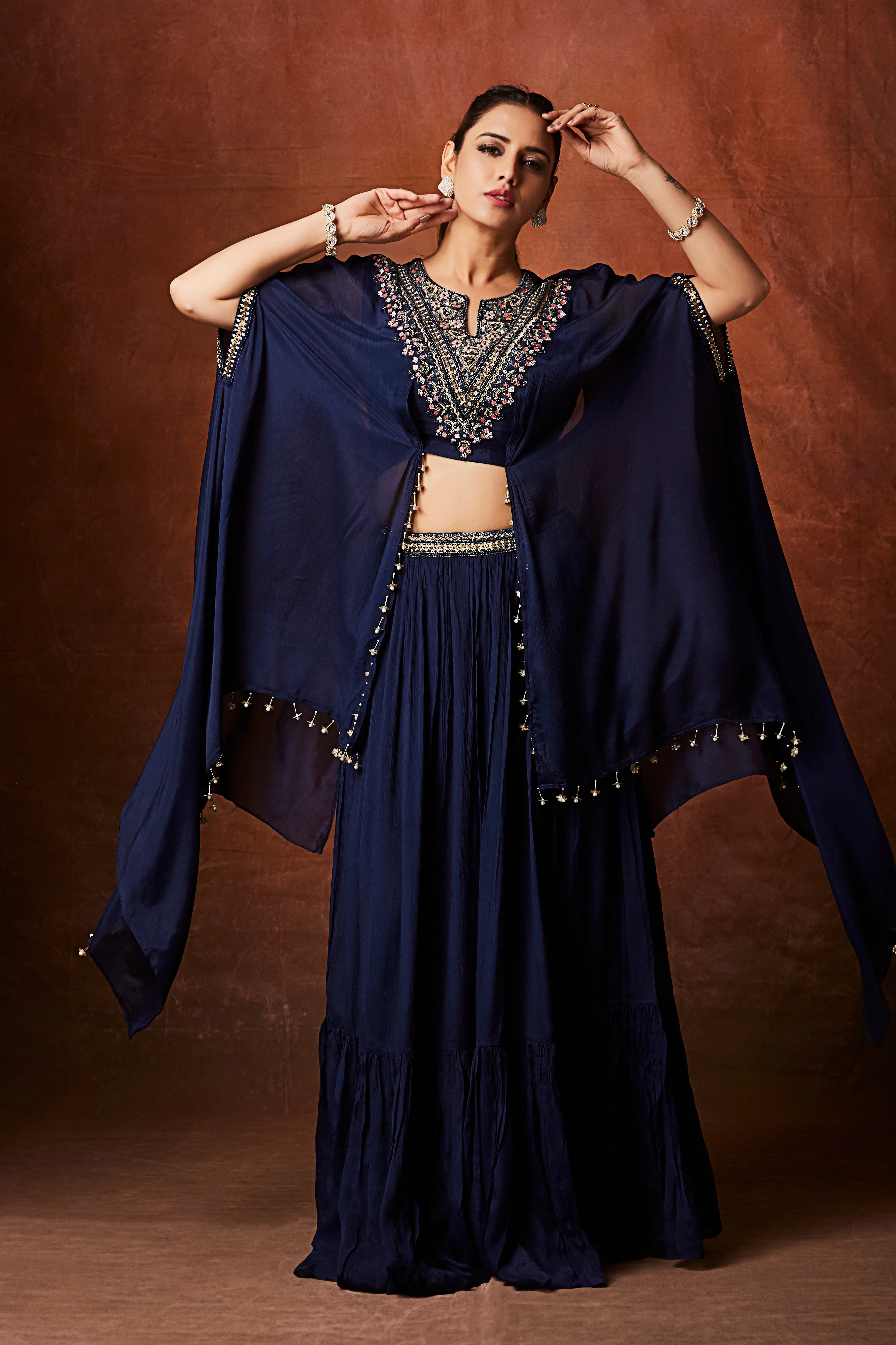 Navy Blue Embellished Chinon Silk Skirt Set - Image 5