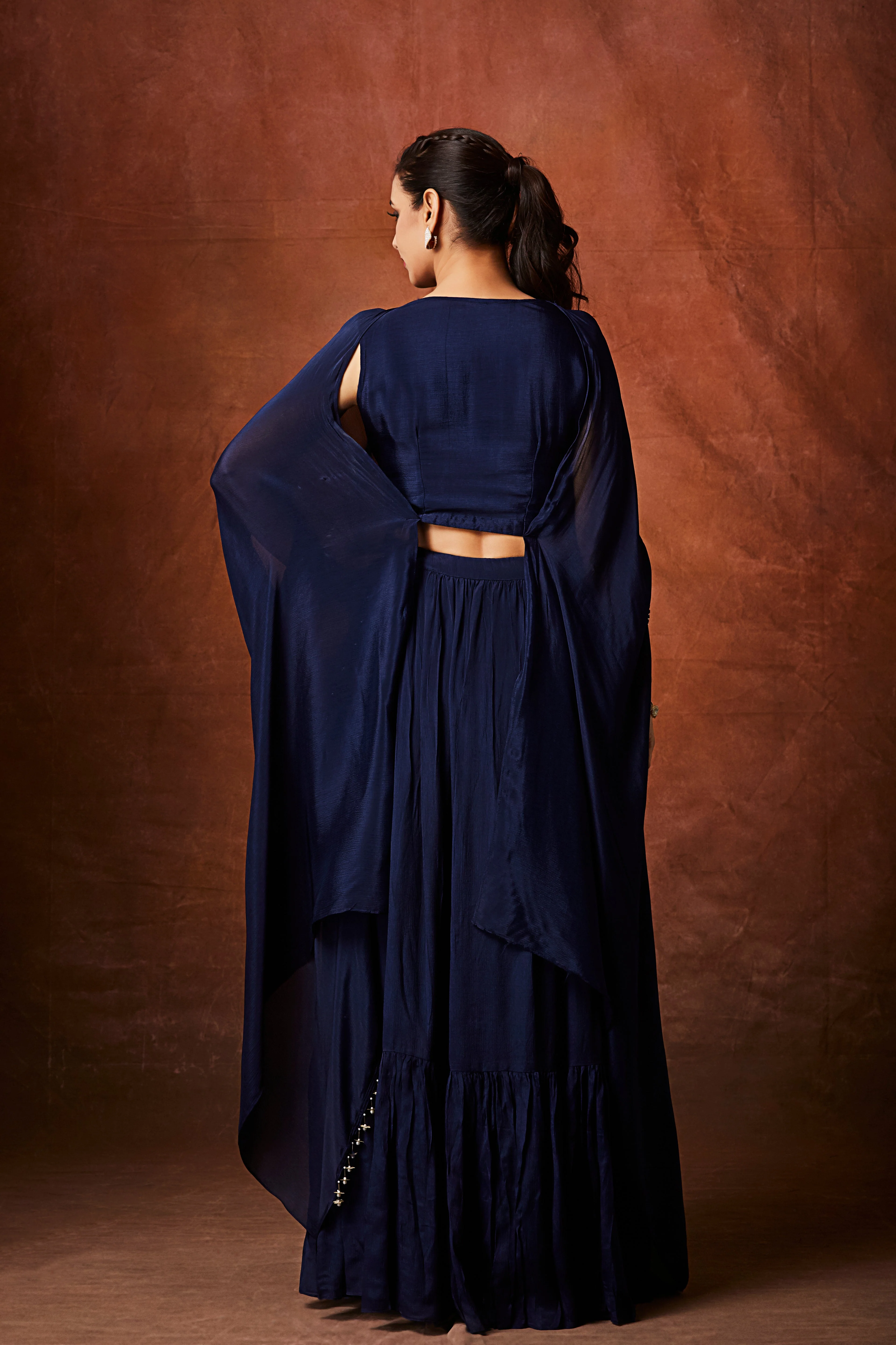 Navy Blue Embellished Chinon Silk Skirt Set - Image 6