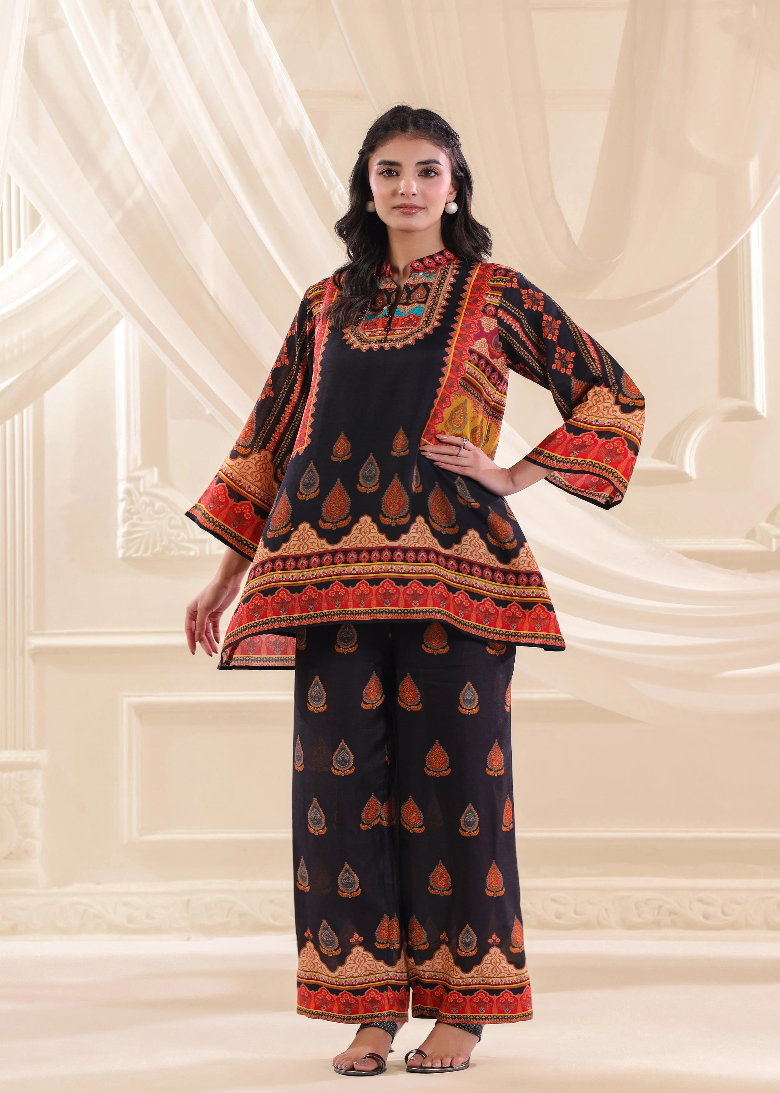 Navy Blue Embellished Dola Silk Co-Ord Set - Image 3
