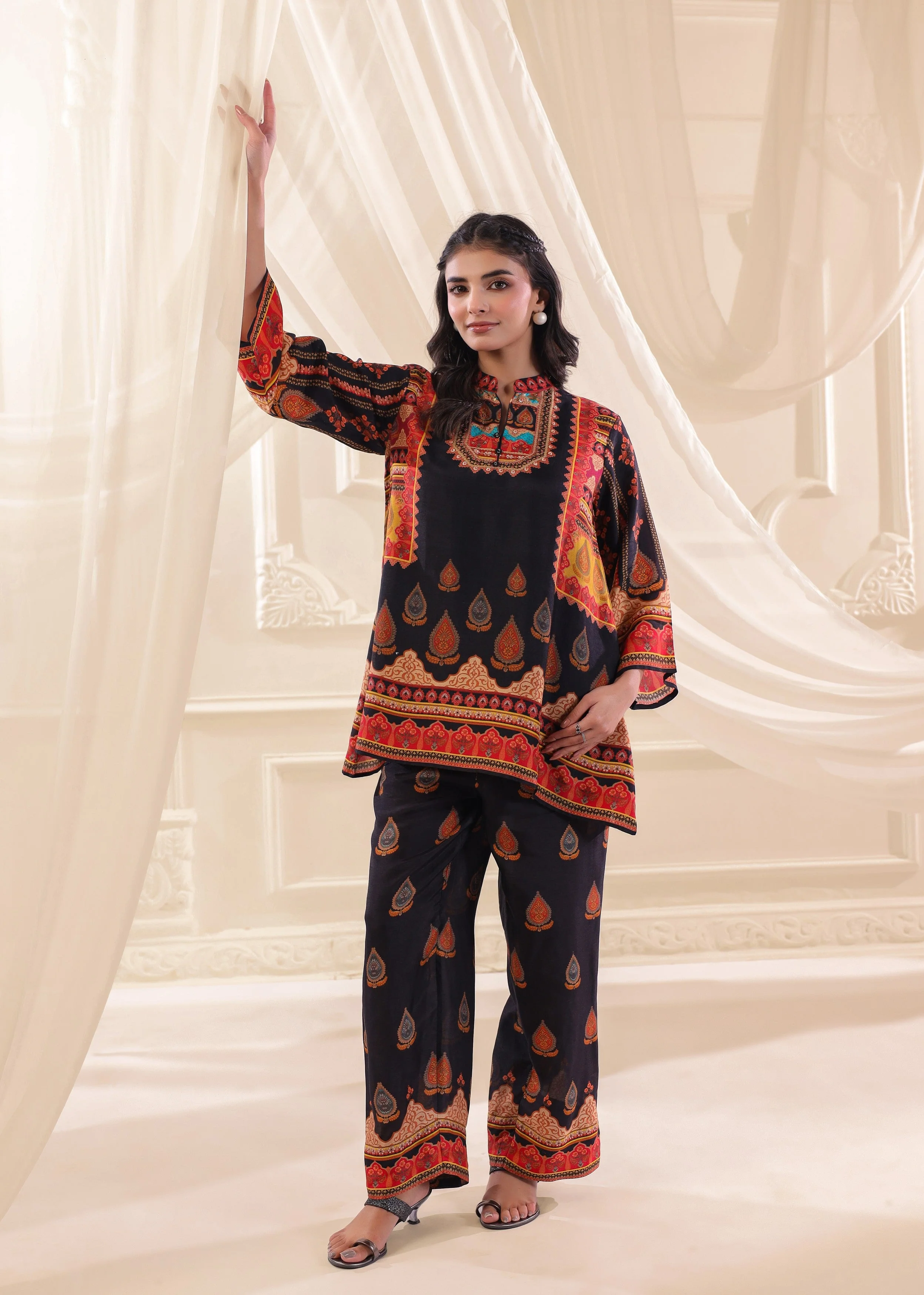 Navy Blue Embellished Dola Silk Co-Ord Set - Image 4