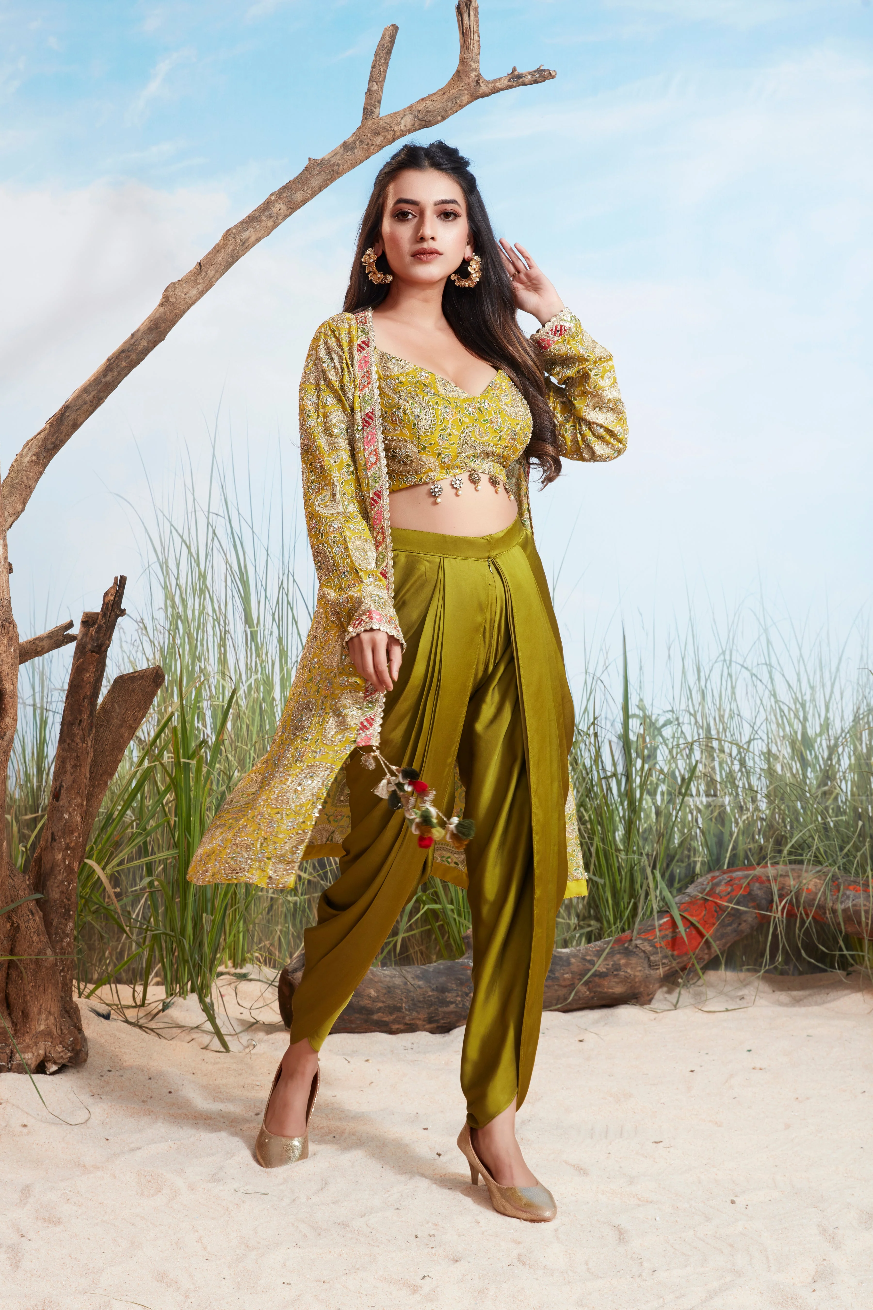 Lime Green Embellished Satin Silk Dhoti Set - Image 2