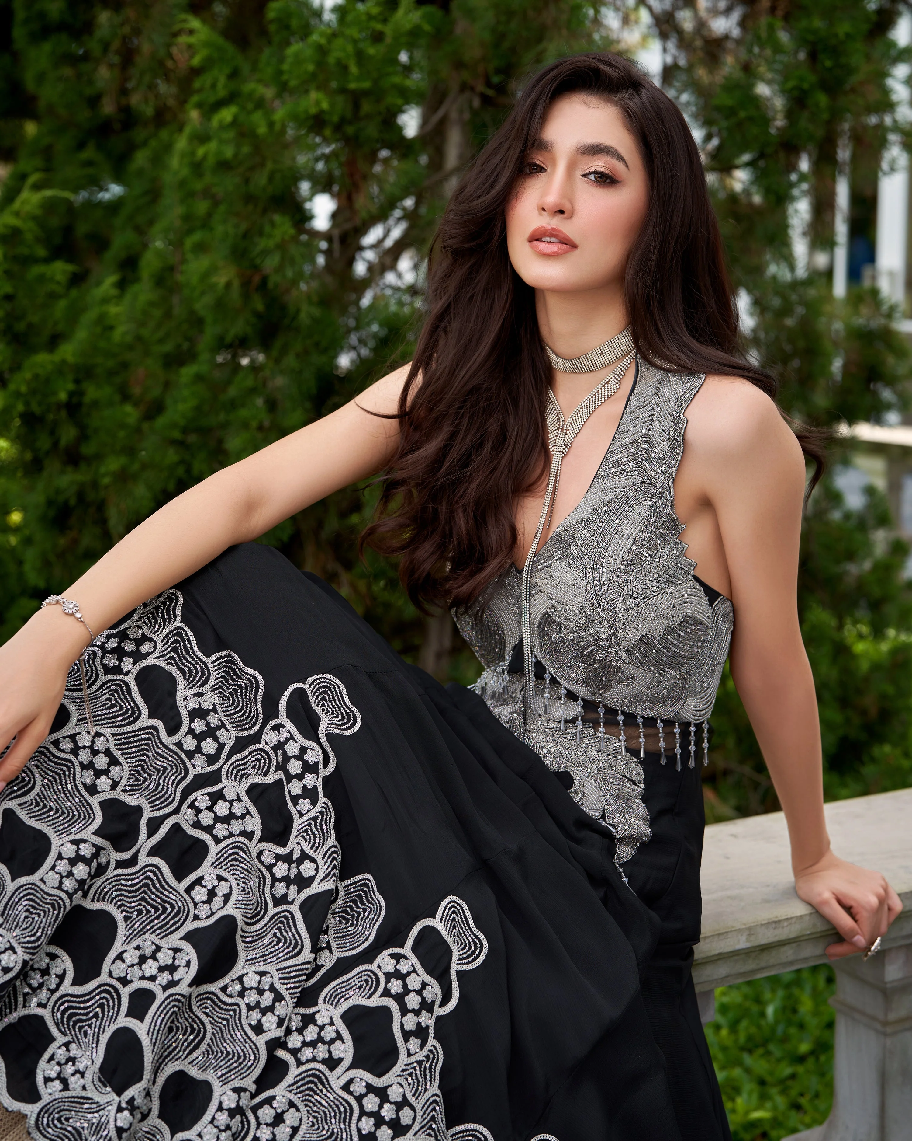 Classic Black Embellished Georgette Silk Gown - Image 2