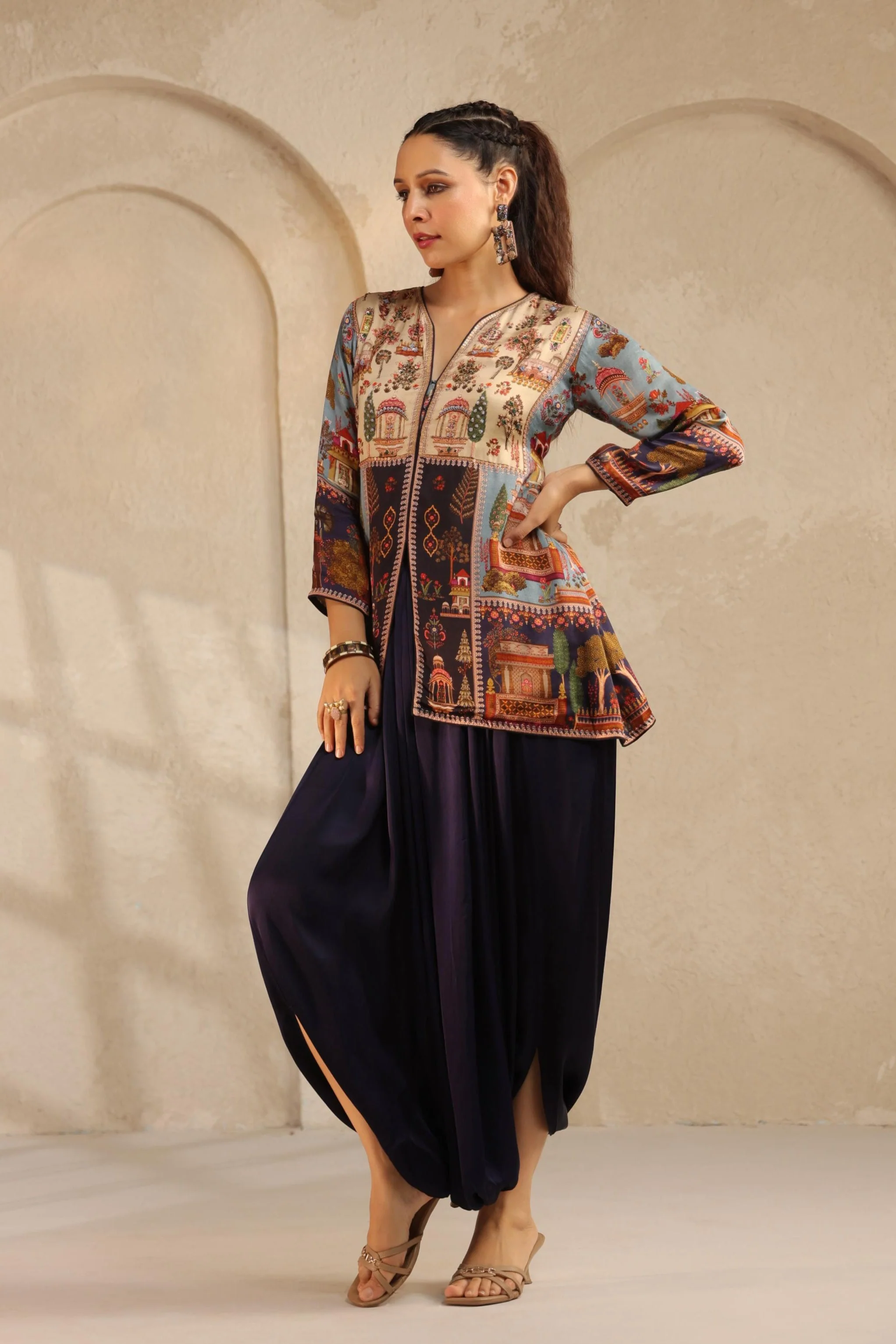 Navy Blue Embellished Modal Satin Dhoti Set - Image 3