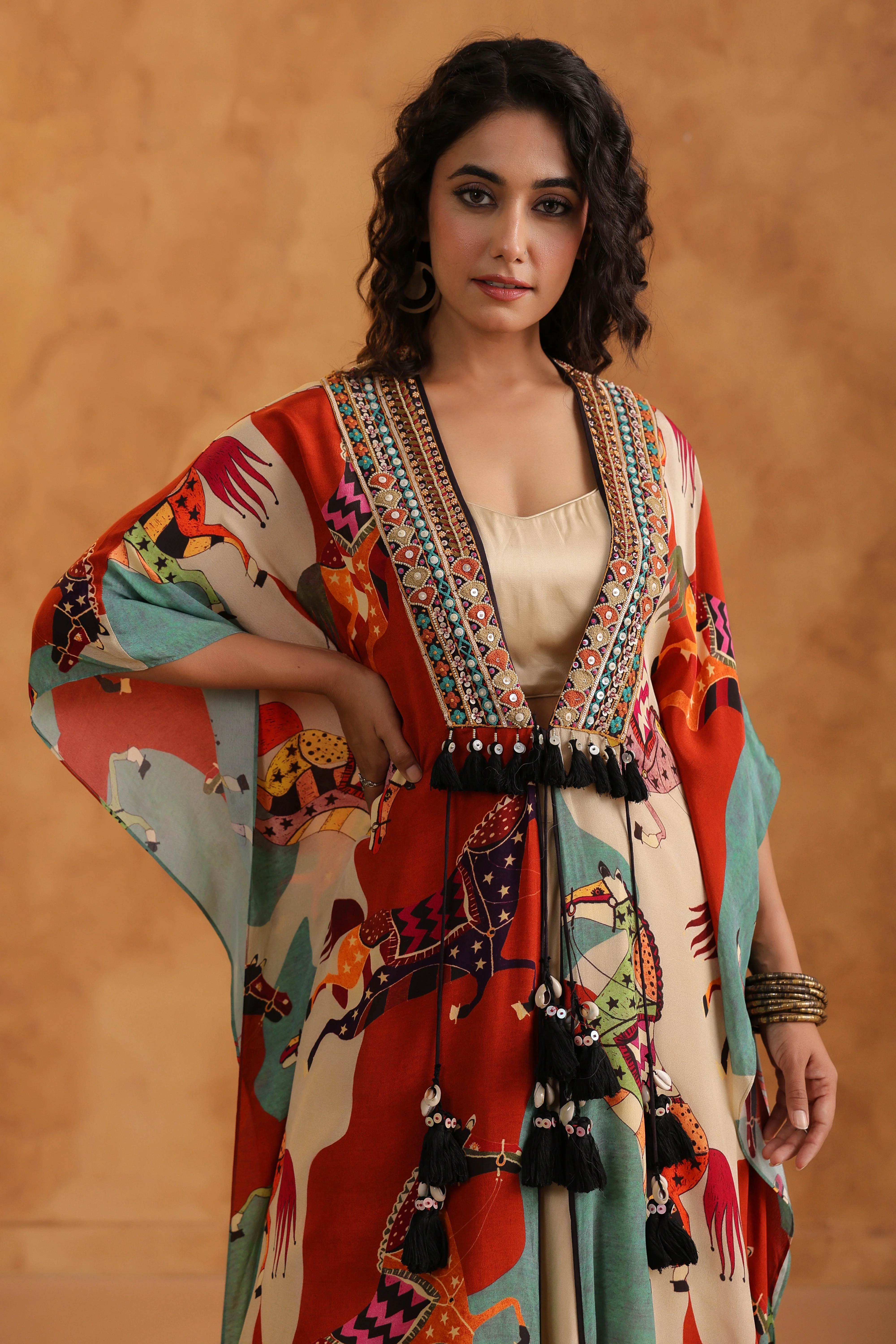 Creamy Beige Printed Viscose Crepe Cape Set - Image 2