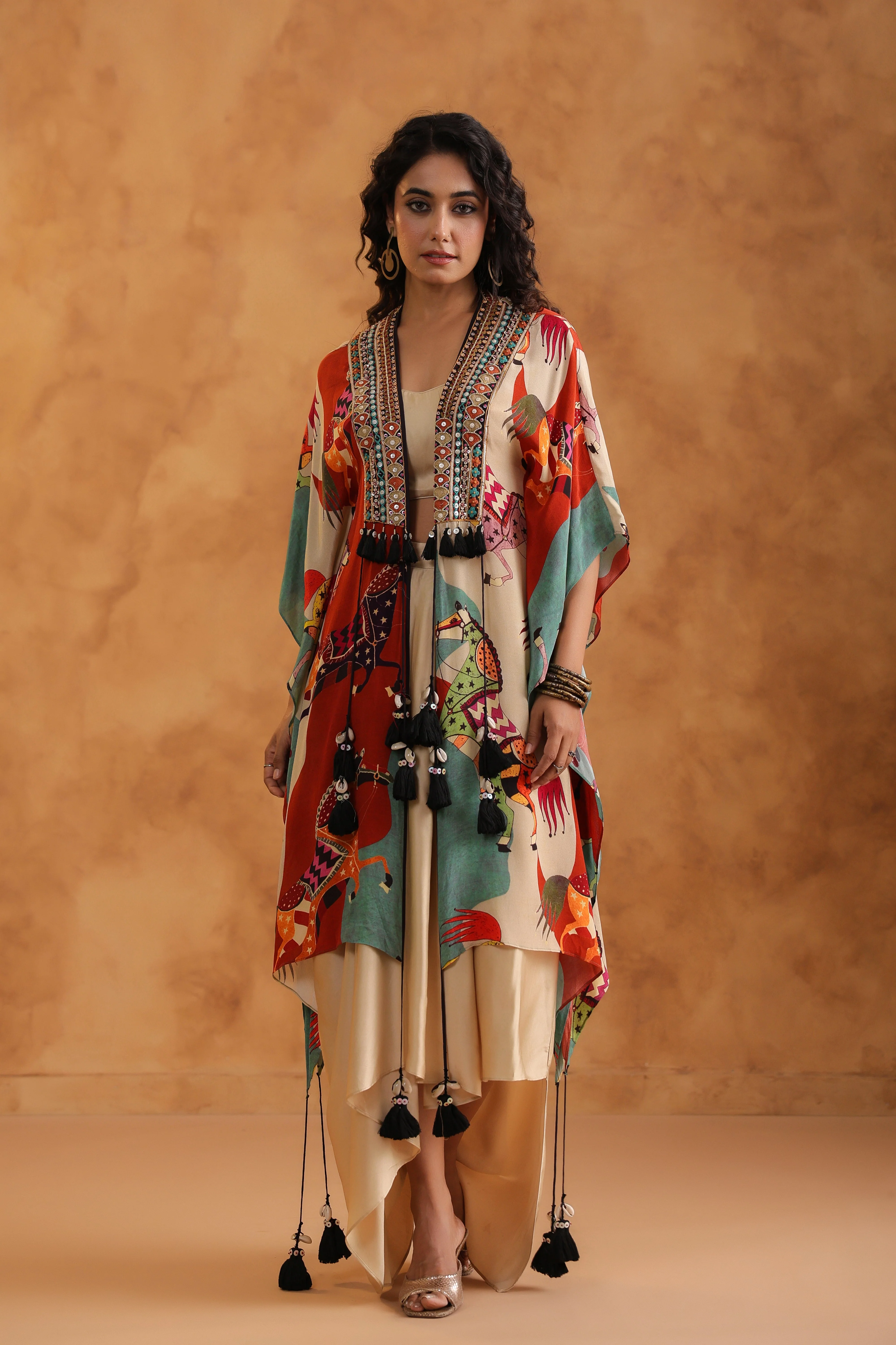 Creamy Beige Printed Viscose Crepe Cape Set - Image 3