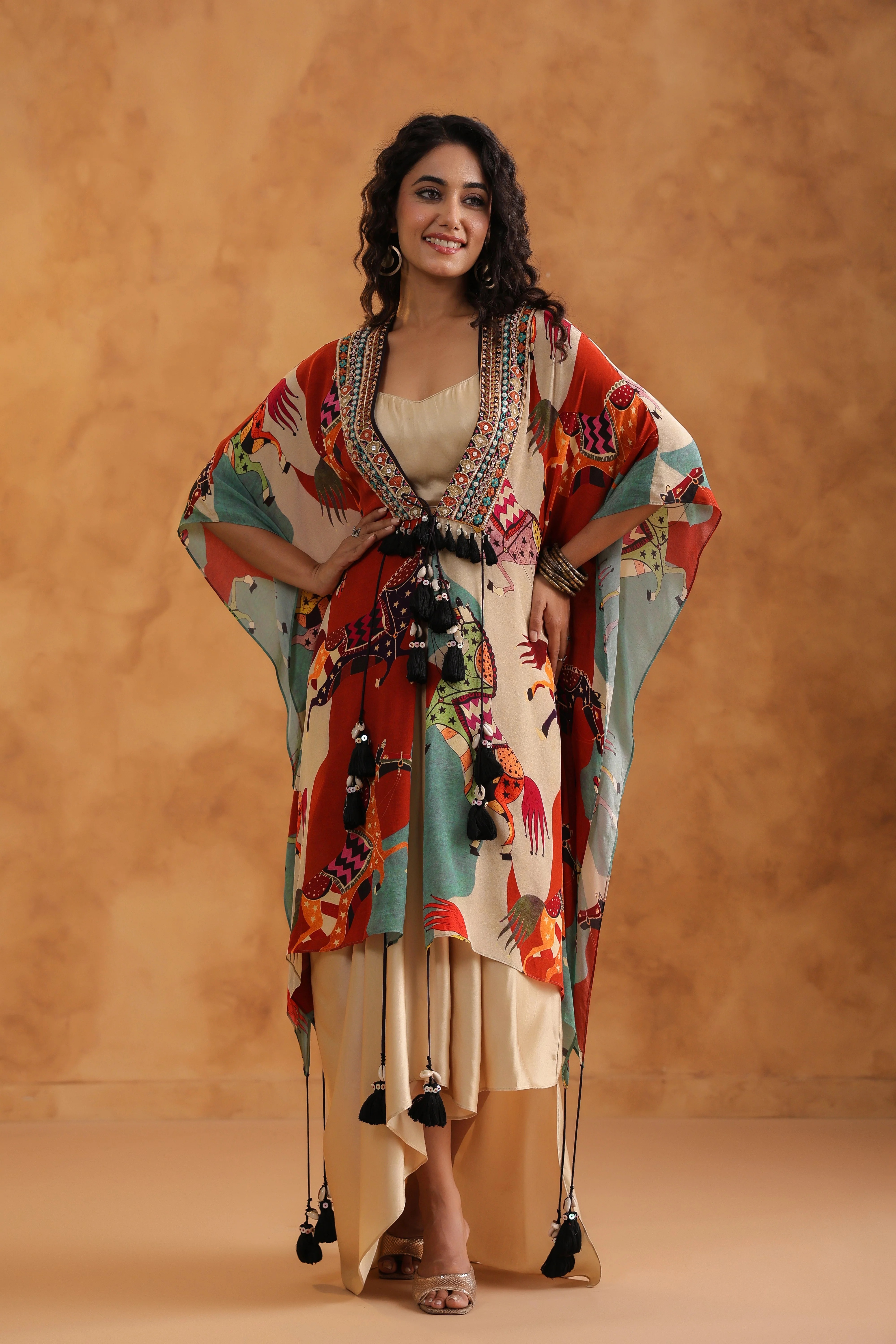 Creamy Beige Printed Viscose Crepe Cape Set - Image 5