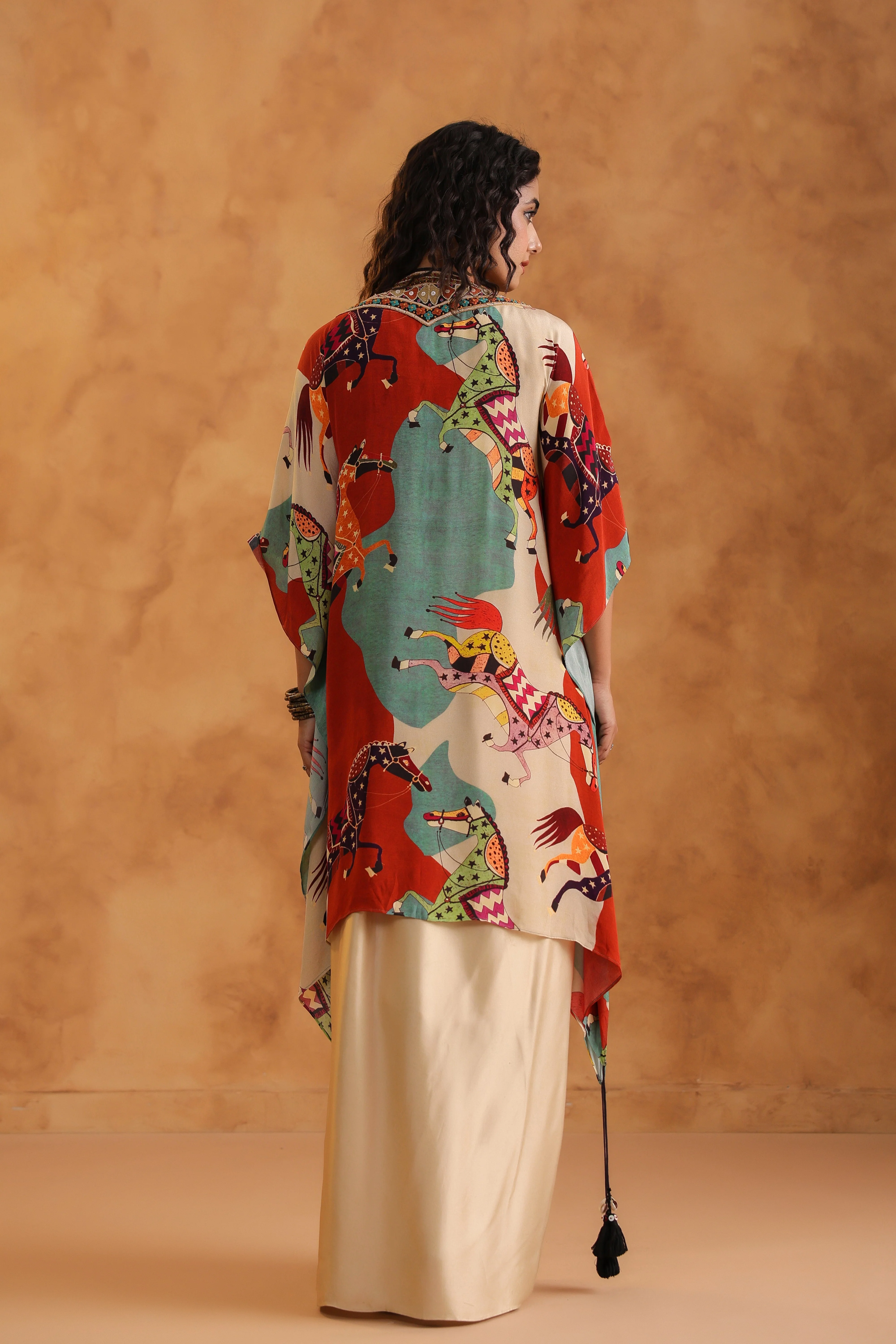 Creamy Beige Printed Viscose Crepe Cape Set - Image 6