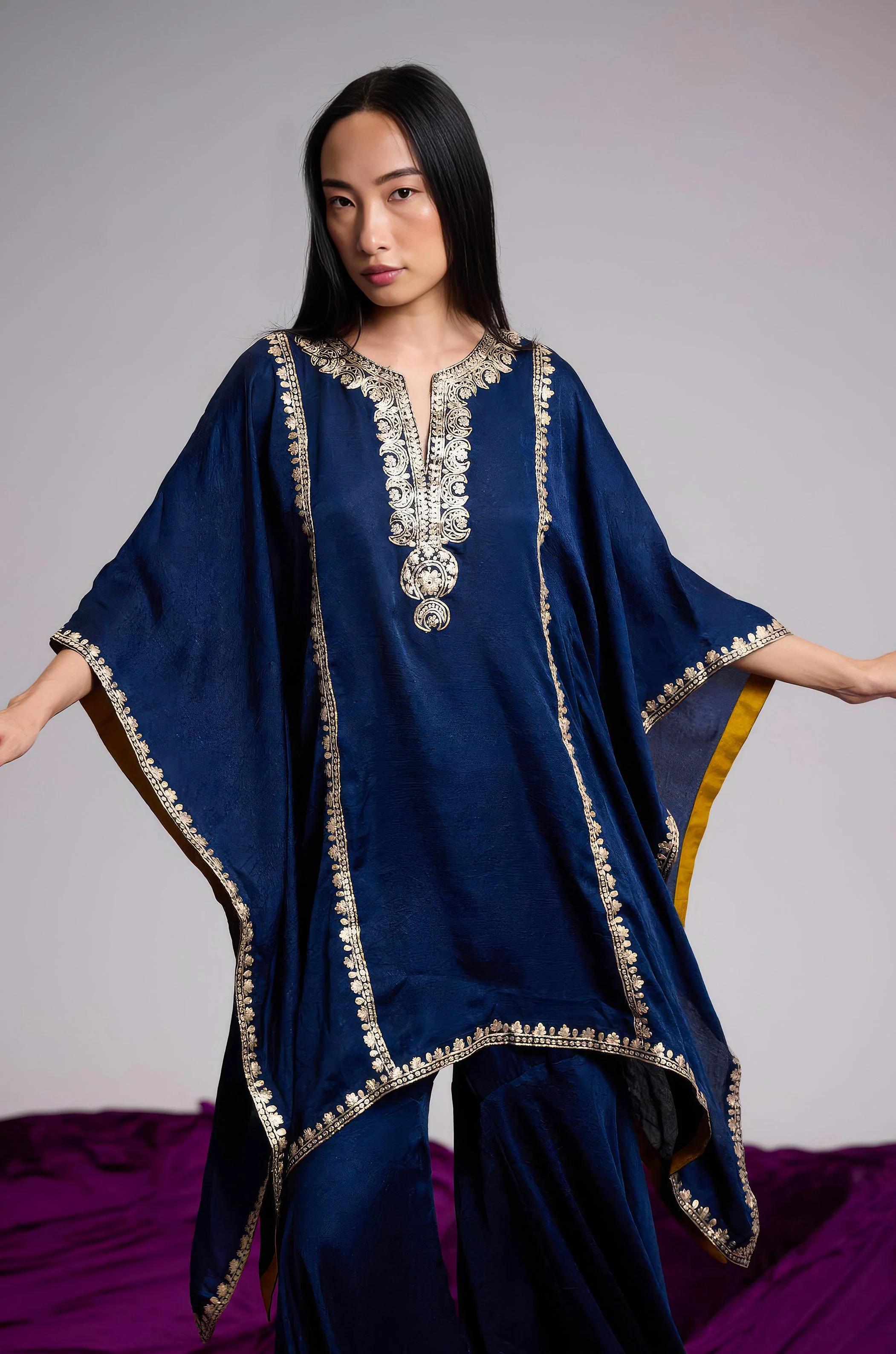 Navy Blue Embellished Premium Silk Kaftan Set - Image 3