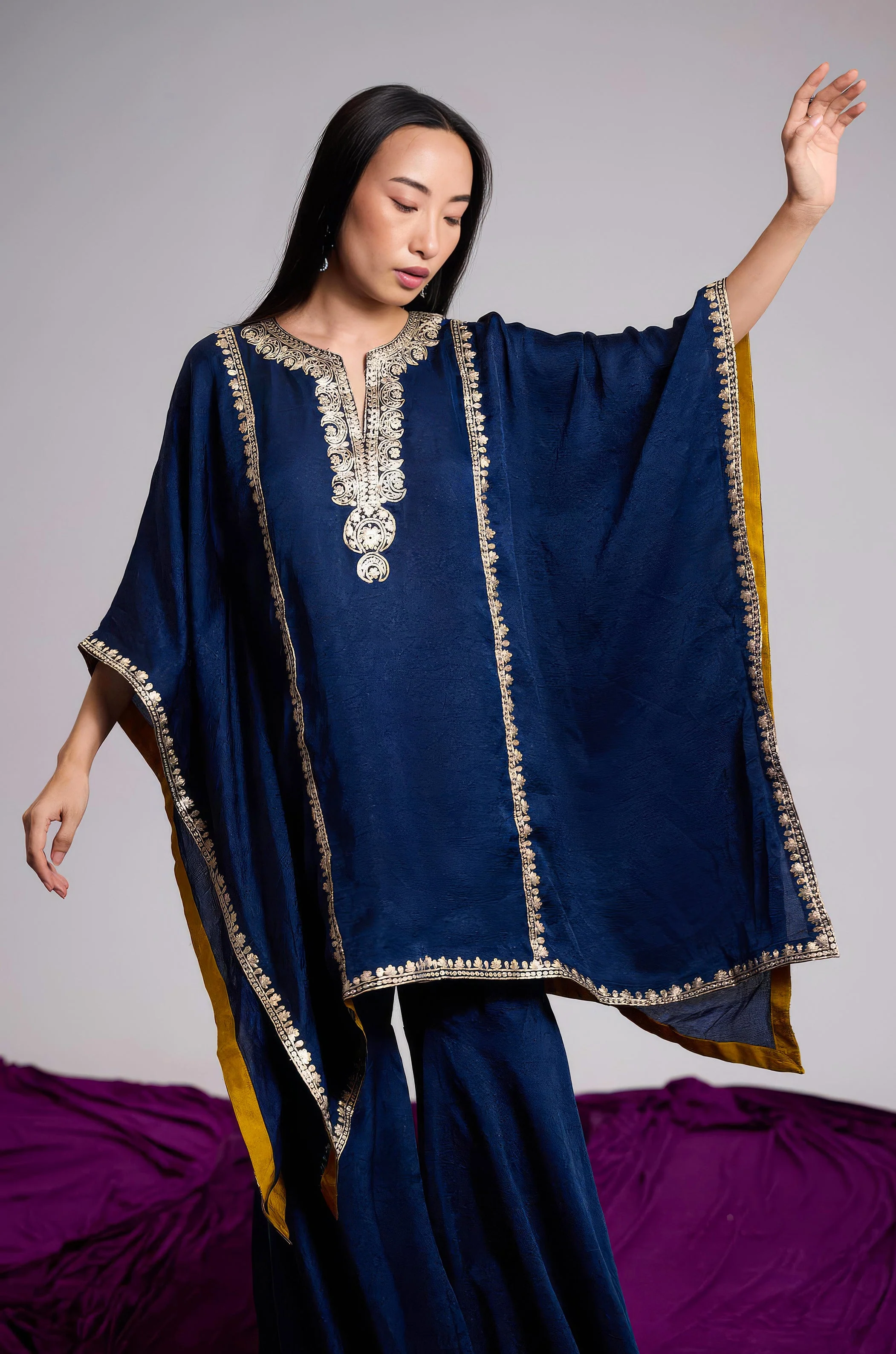 Navy Blue Embellished Premium Silk Kaftan Set - Image 4