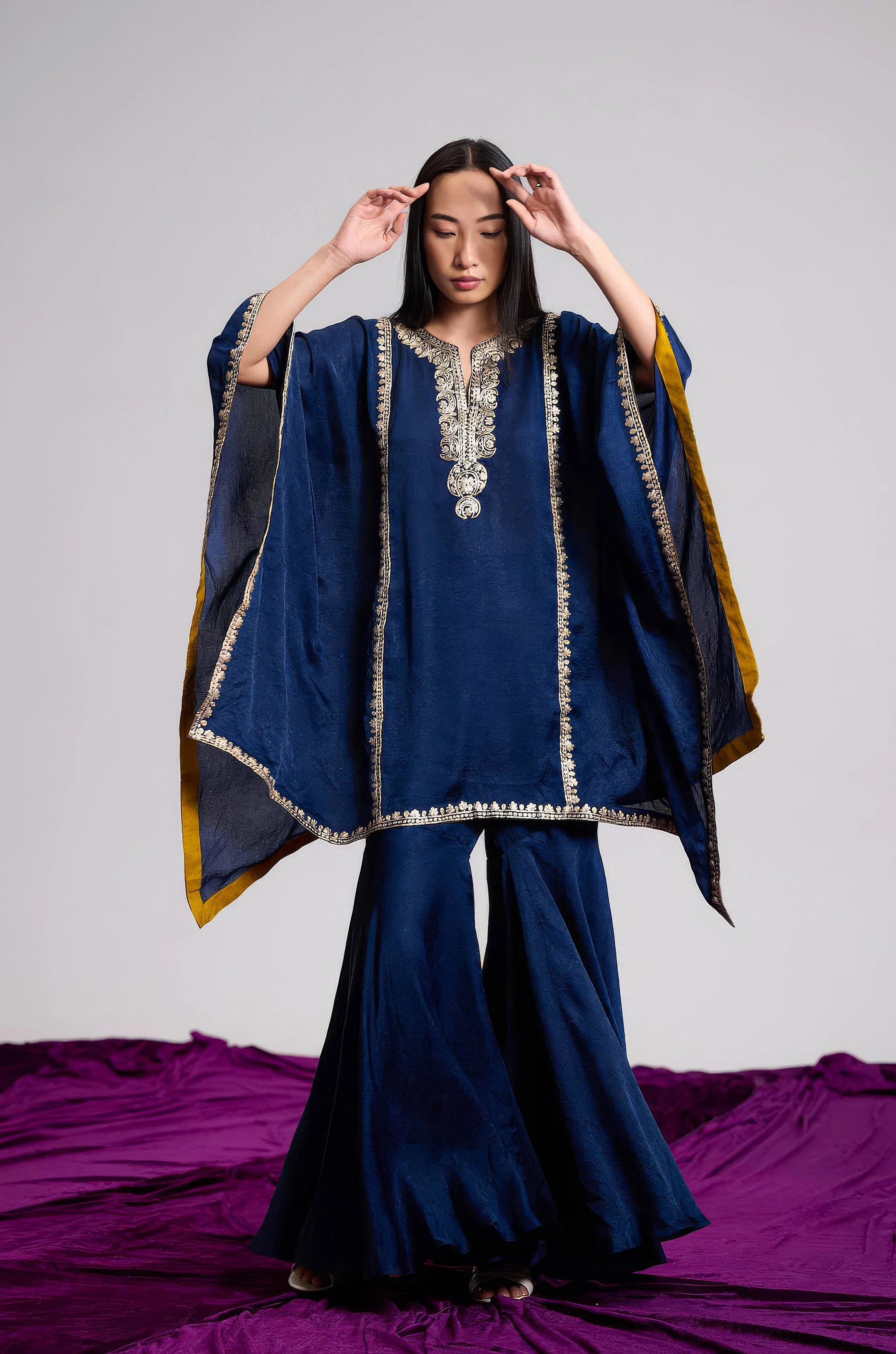 Navy Blue Embellished Premium Silk Kaftan Set - Image 5
