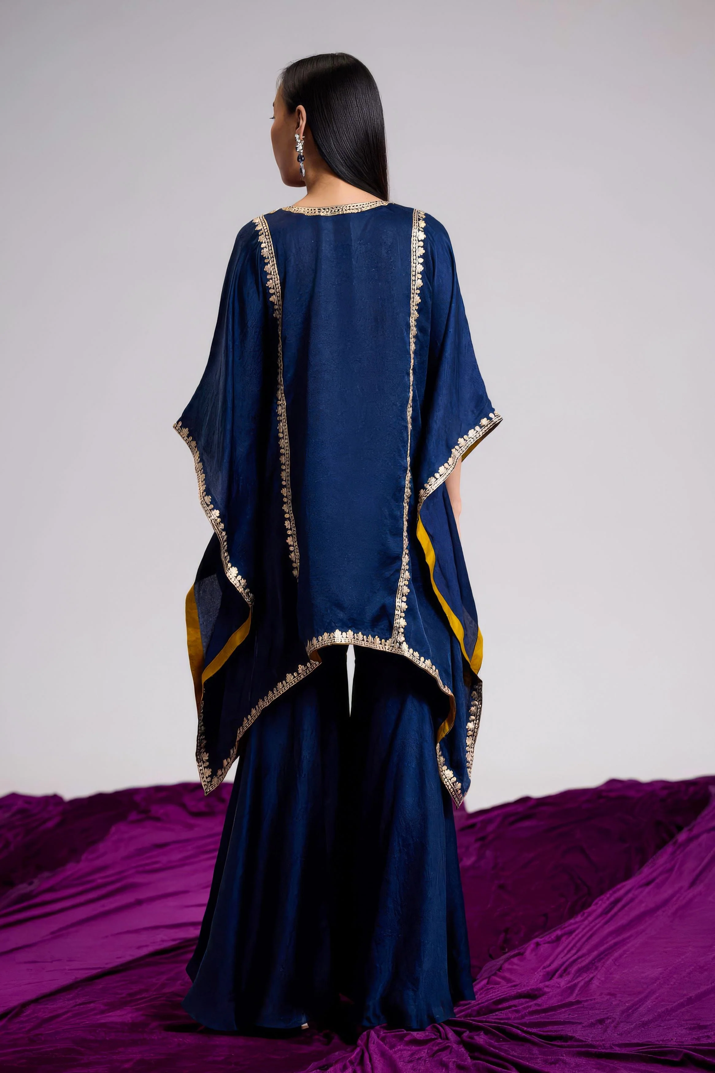 Navy Blue Embellished Premium Silk Kaftan Set - Image 6